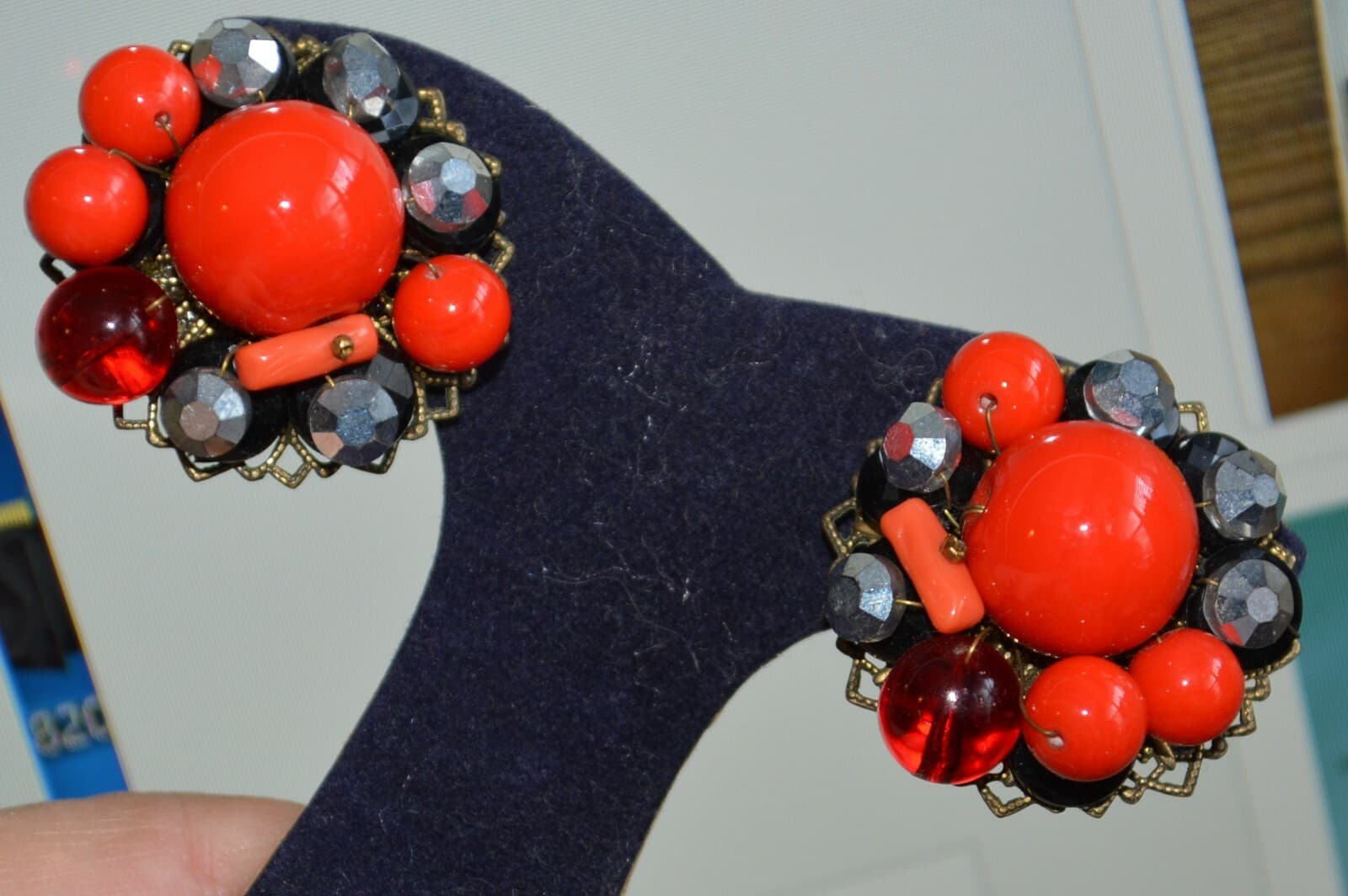 red vintage czech earrings glass clip on beads coral unique