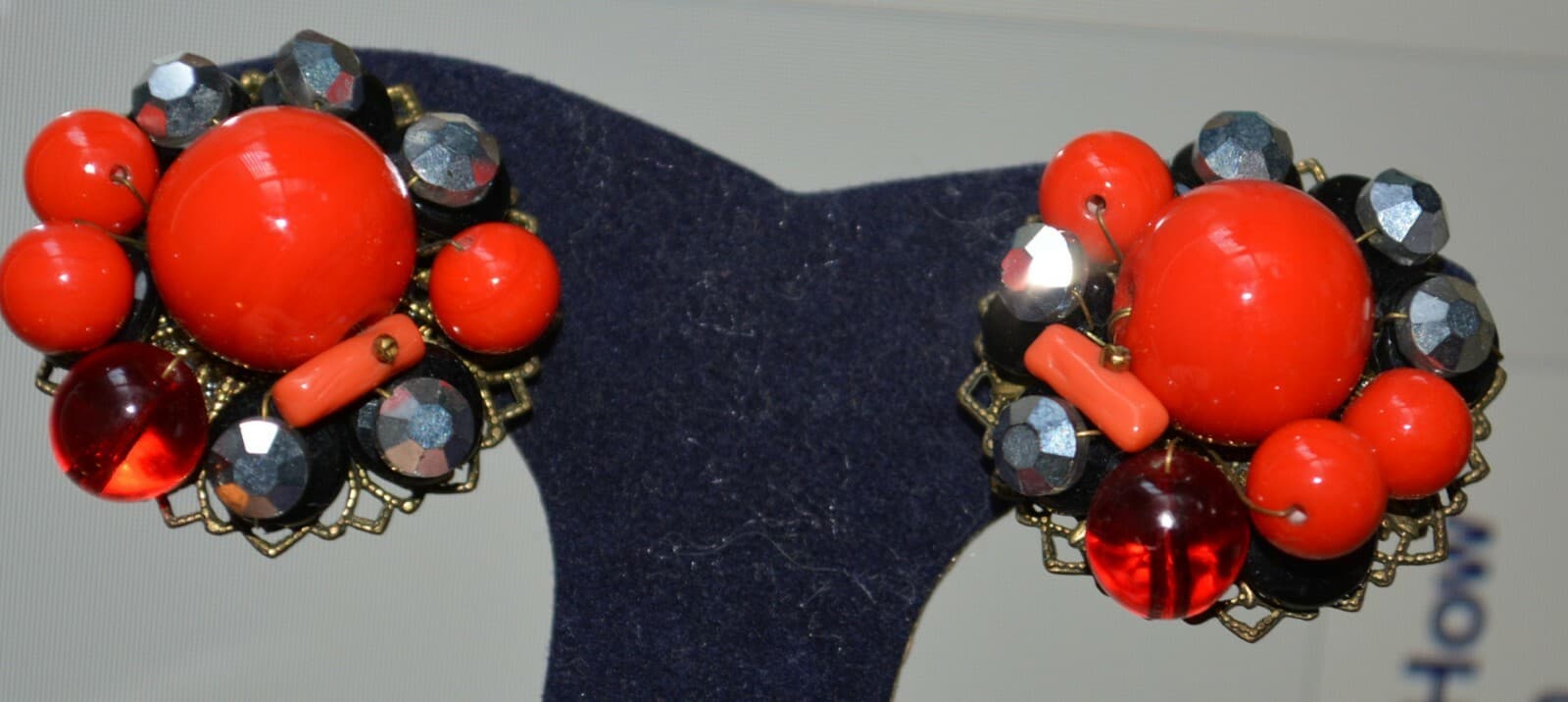 red vintage czech earrings glass clip on beads coral unique