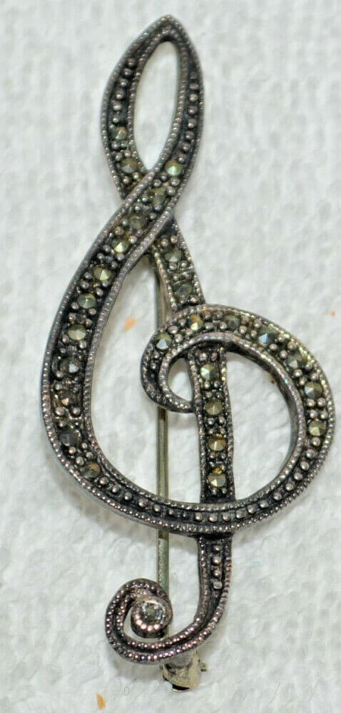 fun Vintage Sterling Silver 925 Marcasite Treble Clef Musical Note Pin Brooch 2"
