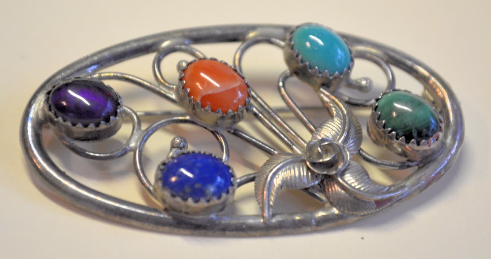 Navajo Sterling silver multi cabochon lapis malachite coral stone pin Signed SH