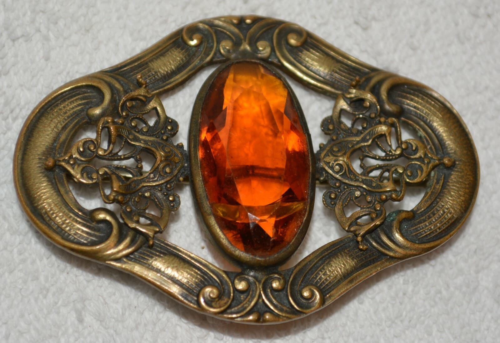 Brass Glass Pin Glass Citrine Glass Brooch Vintage Antique Czech LARGE STUNNING