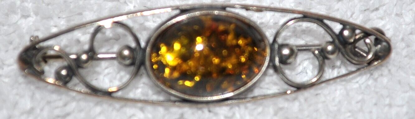 Vintage Poland Sterling Silver 925 Baltic Amber Bar Collar Brooch