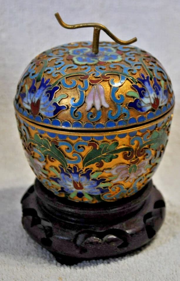 Vintage Cloisonné Apple-Shaped Trinket Box With Floral Design & Enamel Interior