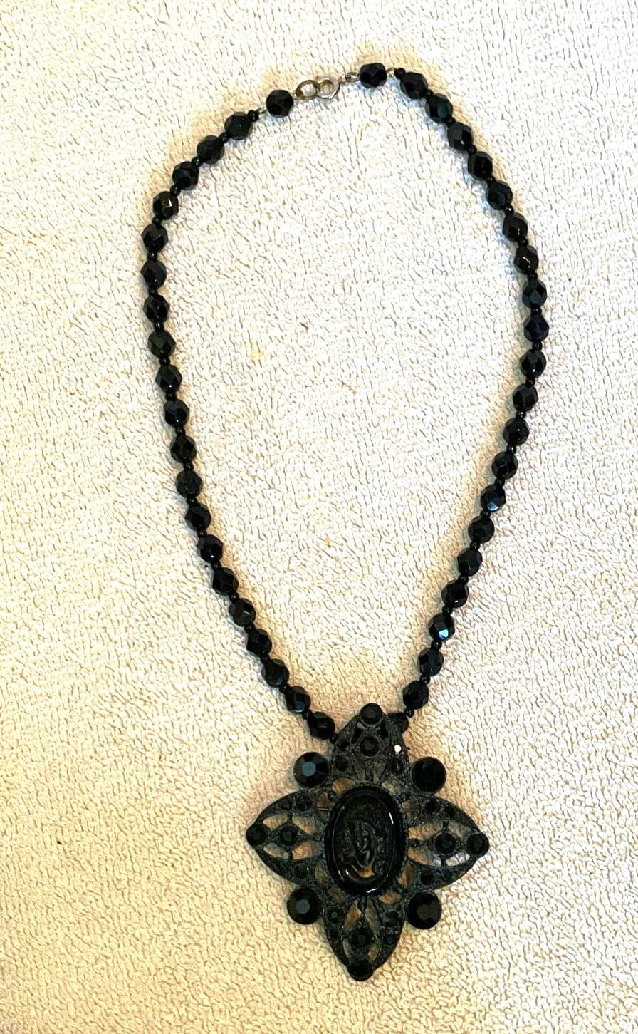 Black Glass Cameo Necklace removeable pendant crystal ROBERT ROSE vintage detach