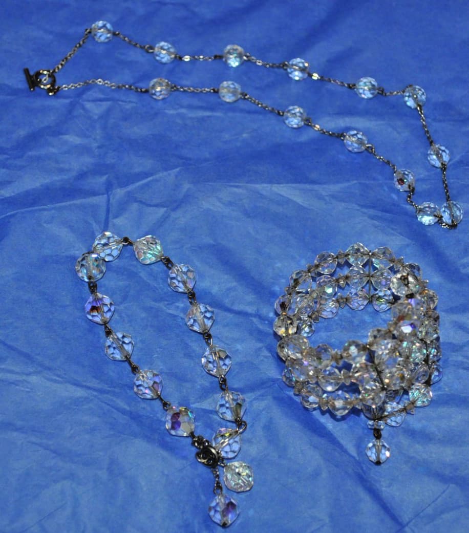 Vintage Aurora Borealis Crystal Jewelry Set Necklace 2 Bracelets