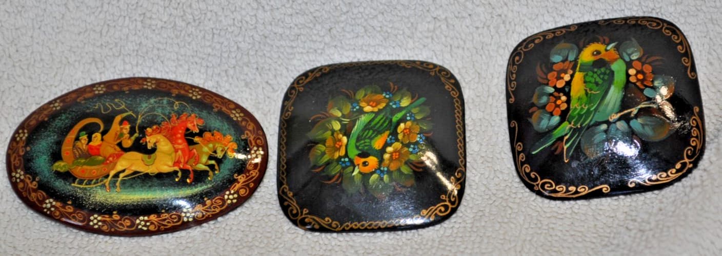 Vintage Russian Black Lacquer Wooden Hand Painted Floral Brooch Pins Lot Of 3
