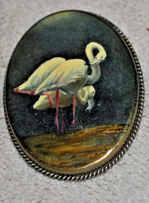 Vintage Hand Painted Russian Fedoskino Mother Of Pearl SWAN Brooch PIN SIGNED