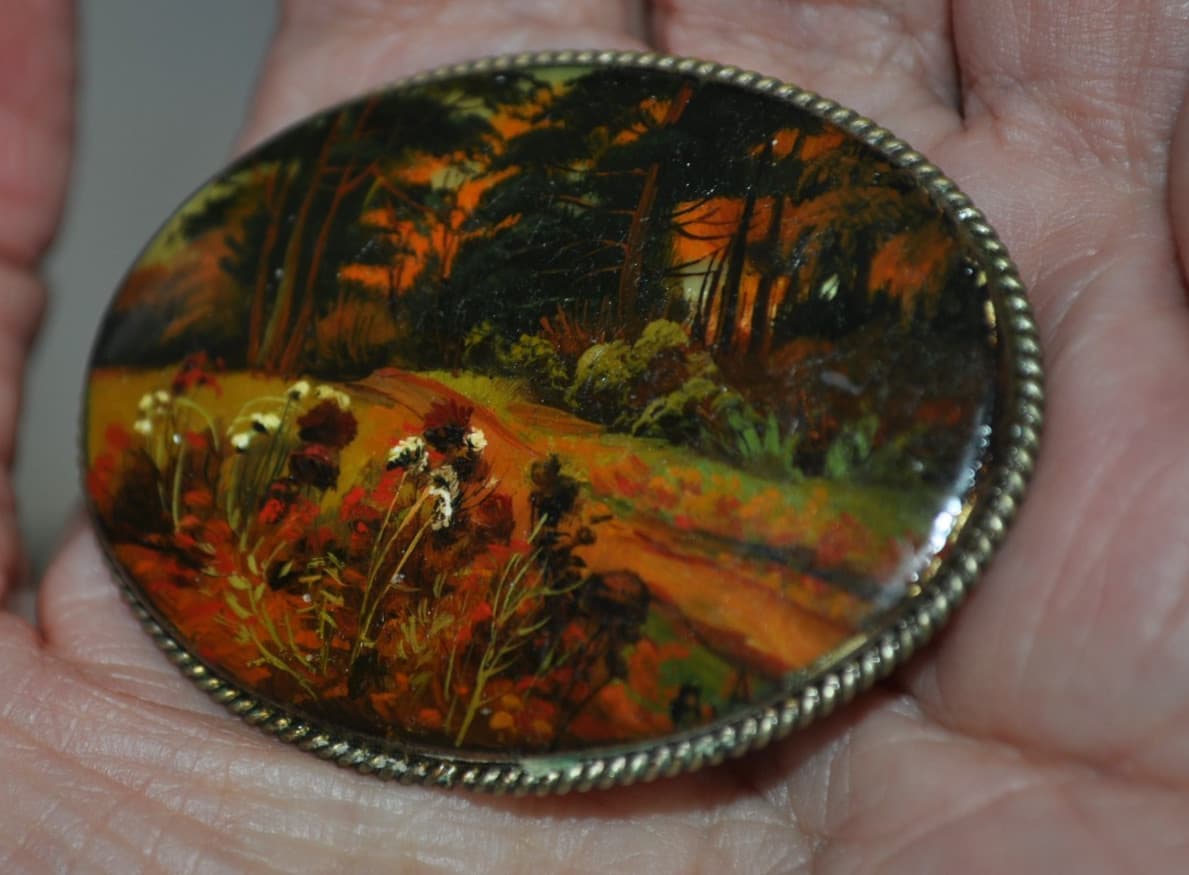 Russian Fedoskino lacquer Brooch pin Hand Painted Landscape Signed silver frame