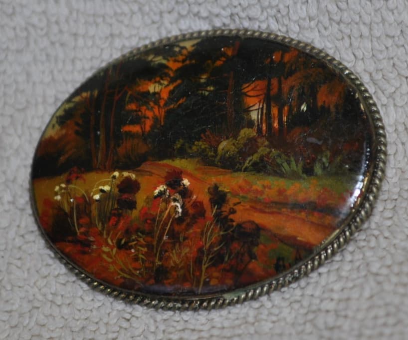 Russian Fedoskino lacquer Brooch pin Hand Painted Landscape Signed silver frame