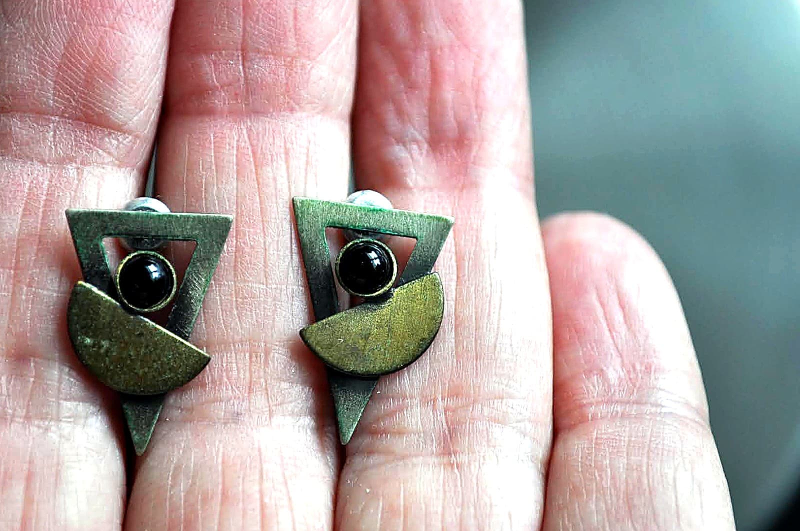 Brass & Black Geometric Stud Earrings
