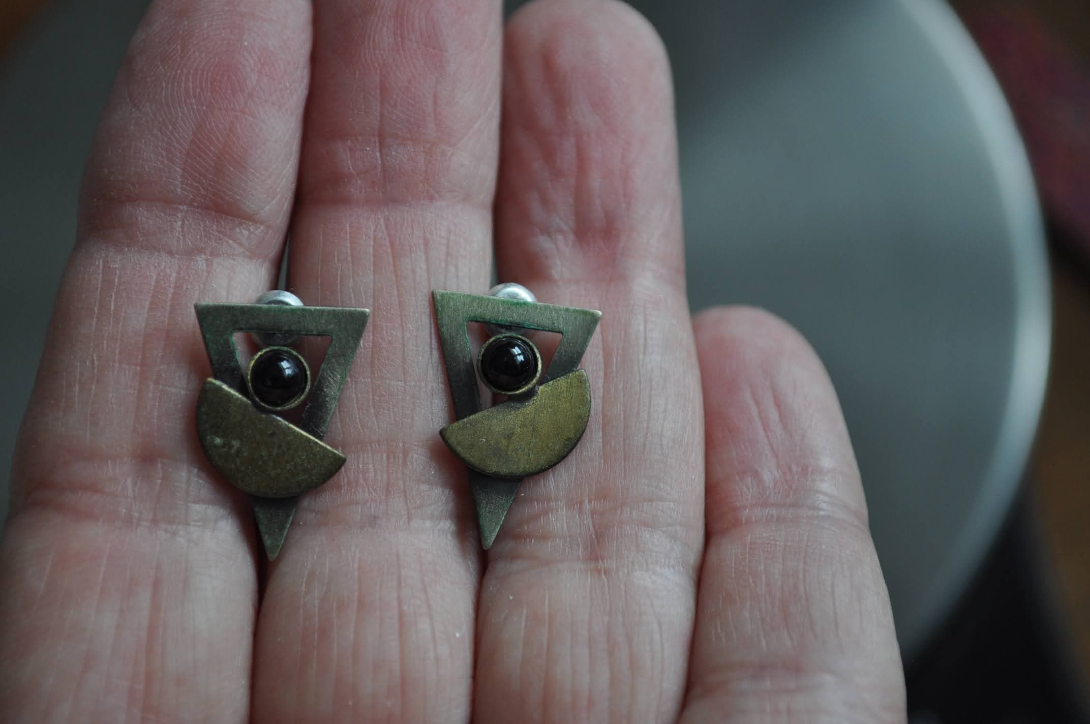 Brass & Black Geometric Stud Earrings