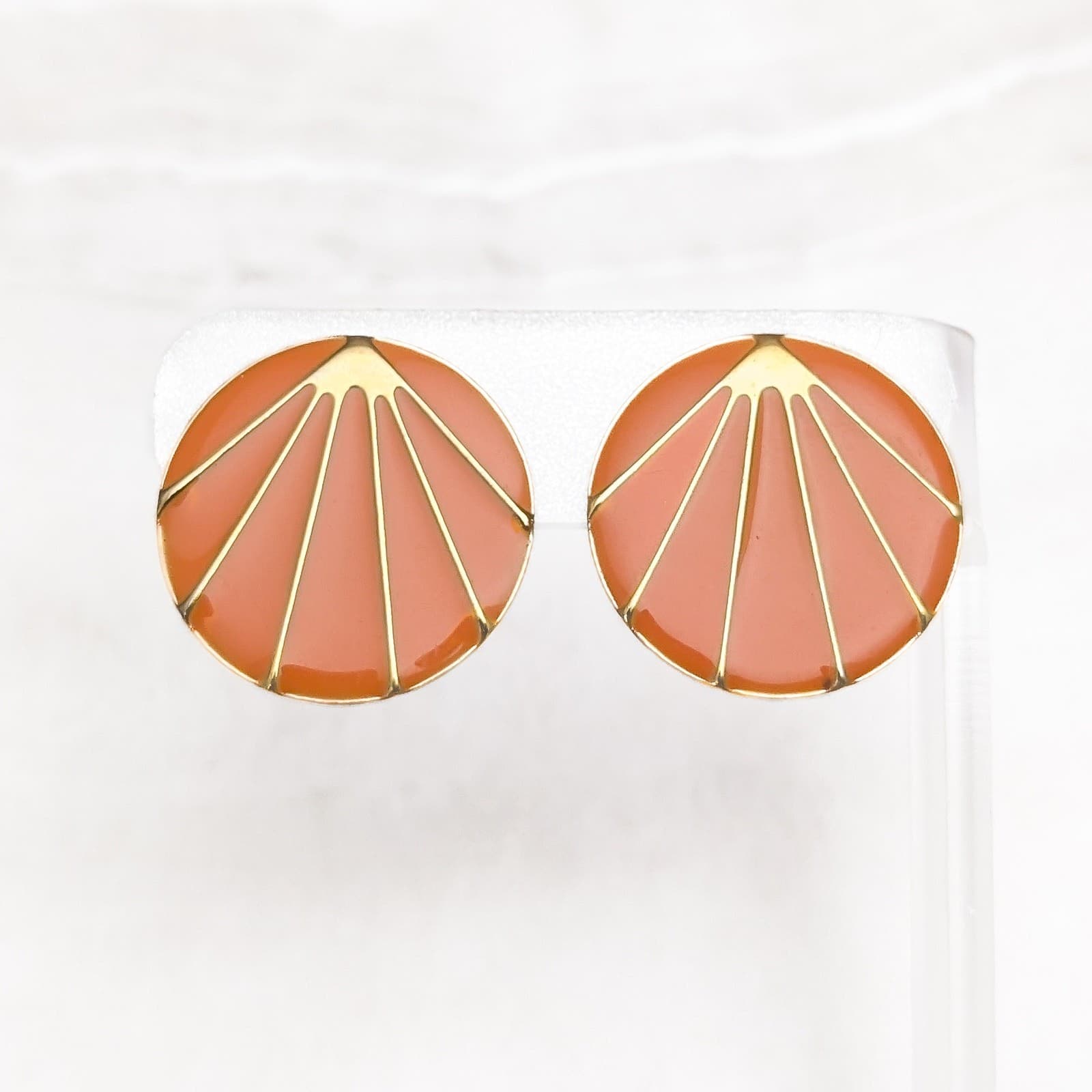 Vintage Clip On Earrings Retro Circle Orange & Gold Tone Stylish Statement Large