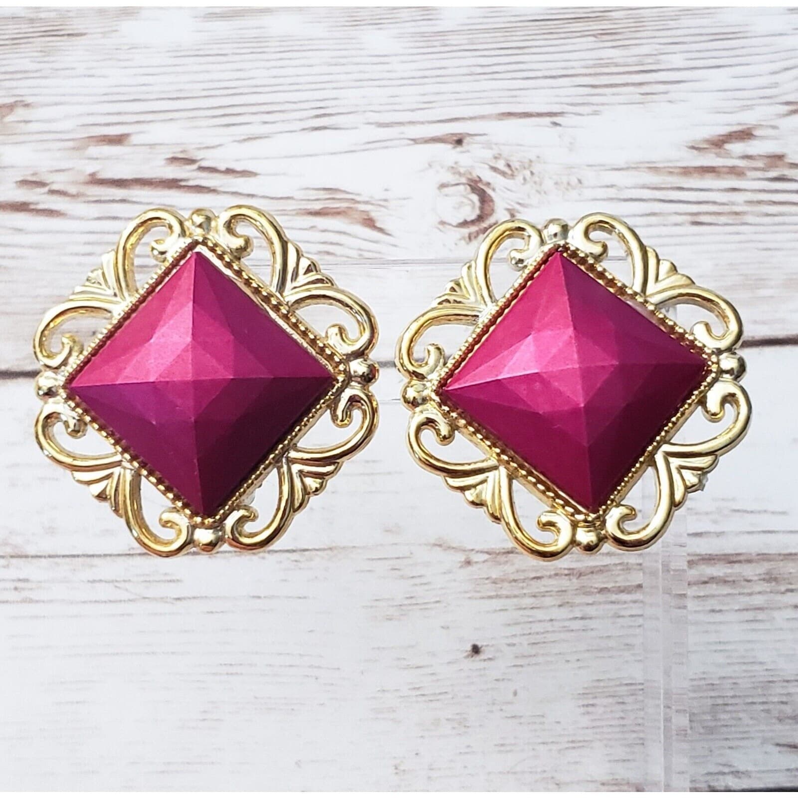 Vintage Clip On Earrings - Pink with Ornate Gold Tone Halo