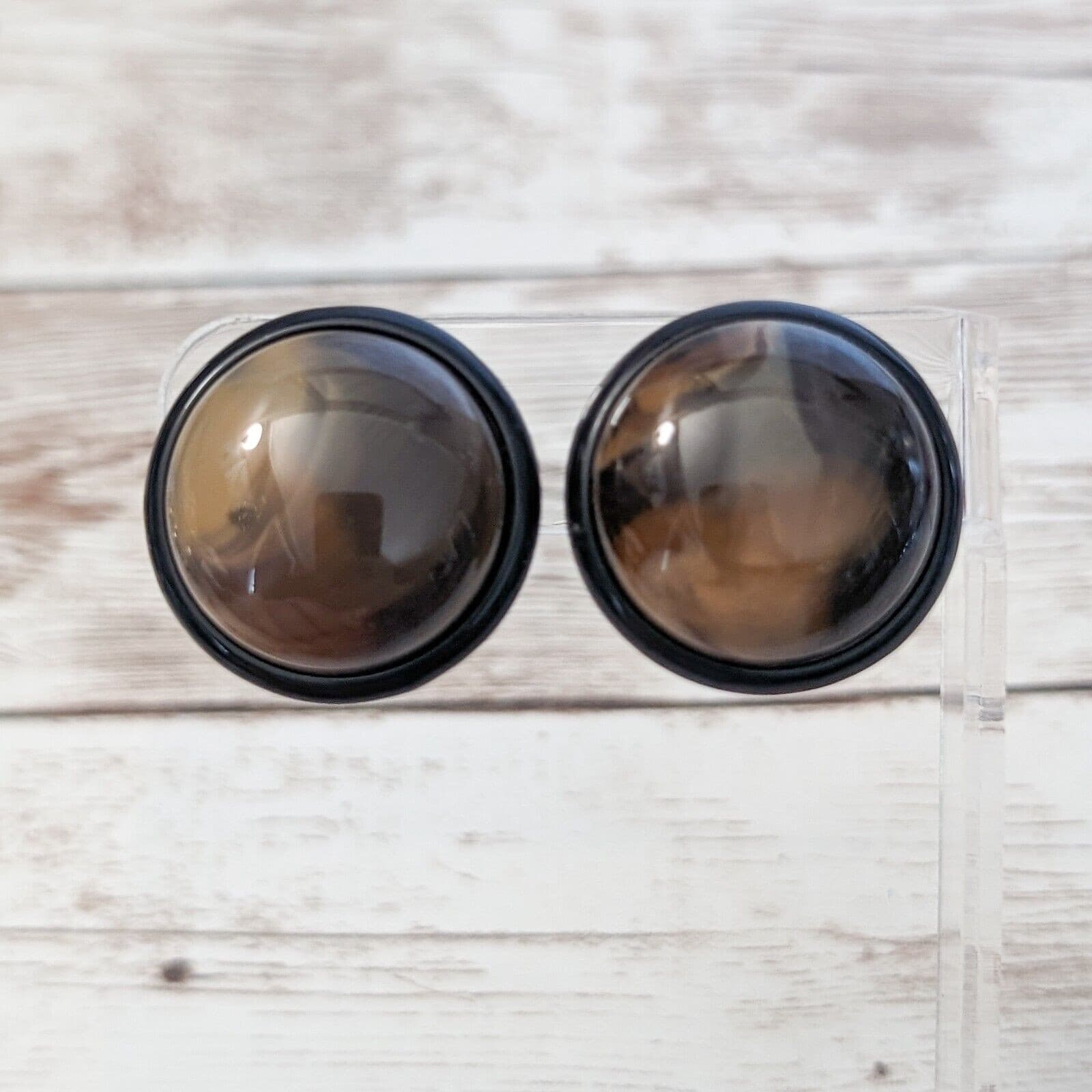 Vintage Clip On Earrings - Domed Circle Unusual Tan, Brown, Black