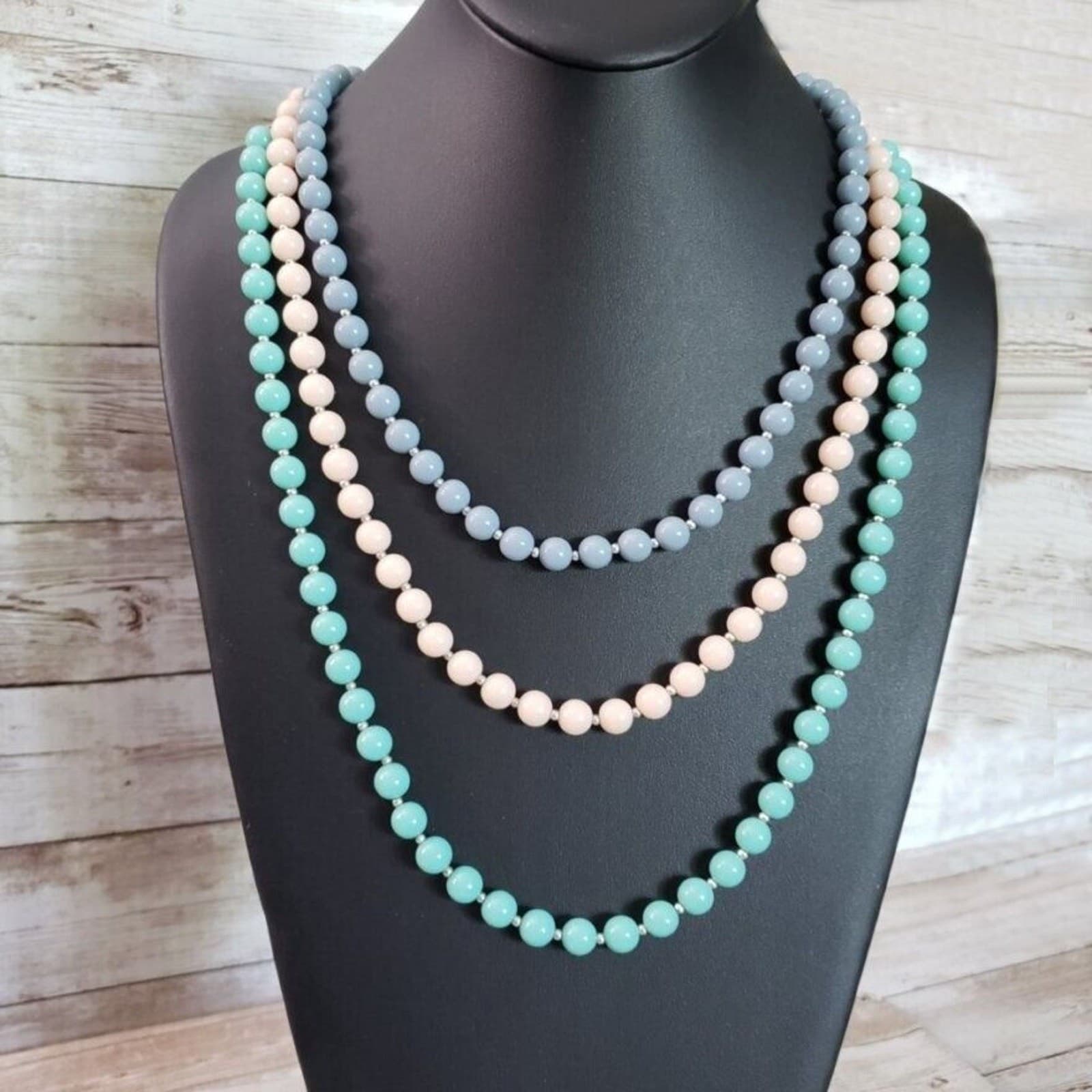 Vintage Necklace - Three Strand Layered Light Pink, Blue and Turquoise Tones