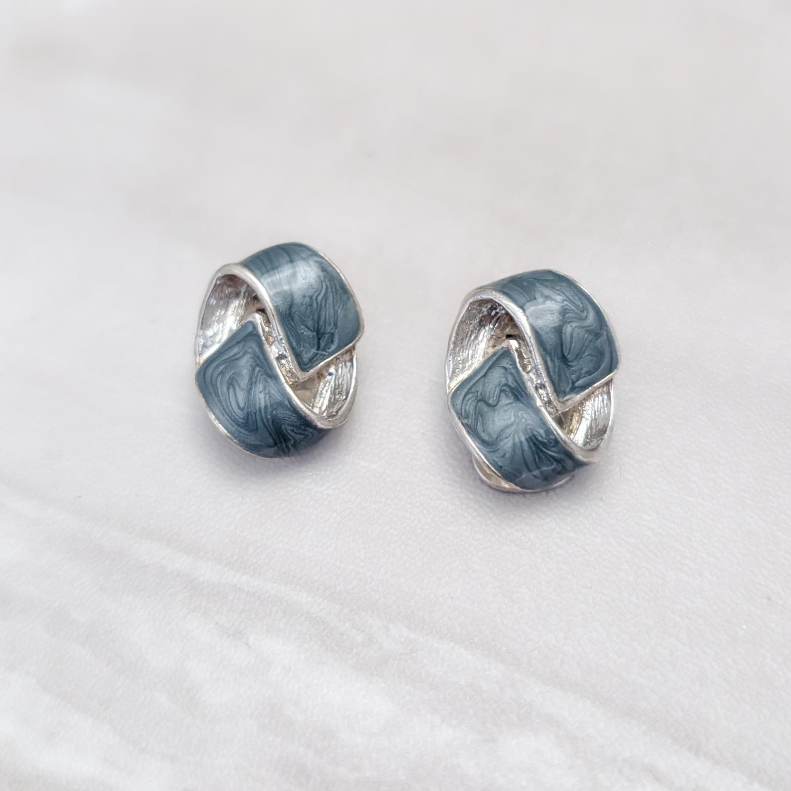 Vintage Clip On Earrings Dark Teal-ish Blue Enamel & Silver Tone Stylish 1.25"