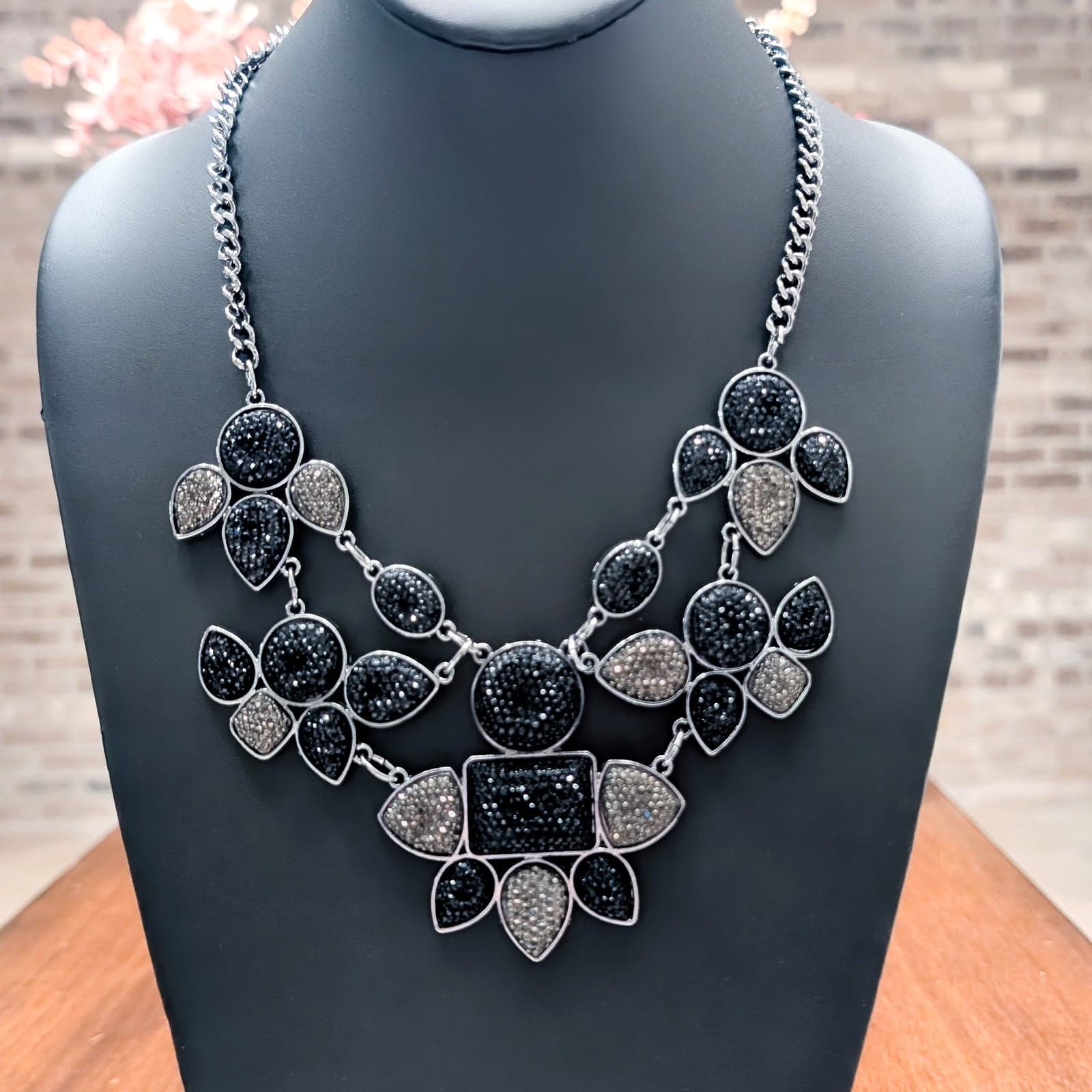 Stunning Bib Necklace Statement Large Chunky Black & Dark Silver Tone