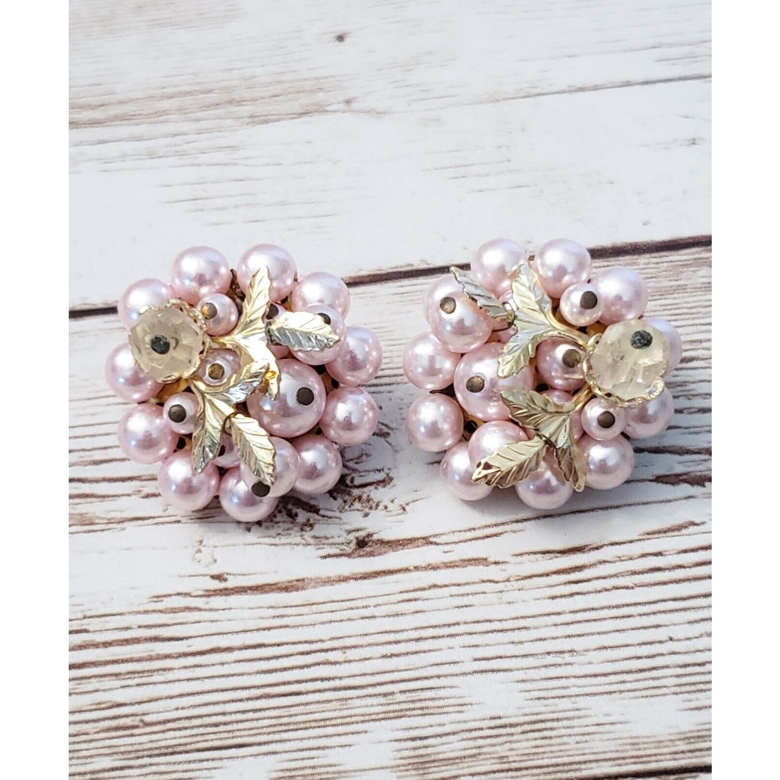 Vintage Clip On Earrings - Pink with Gold Tone Leaf Detail