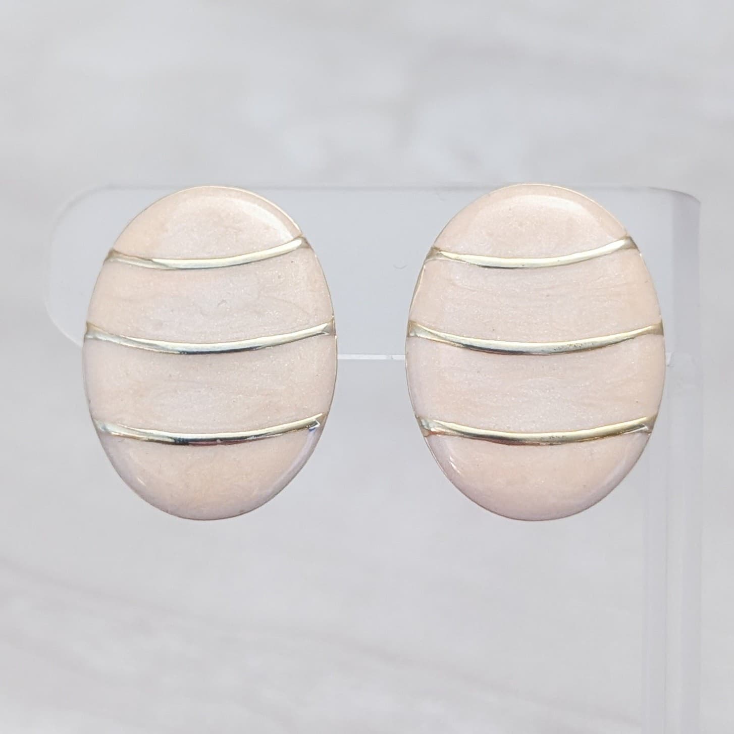 Vintage Clip On Earrings Beige with Pink-ish Undertones Enamel & Gold Tone Oval