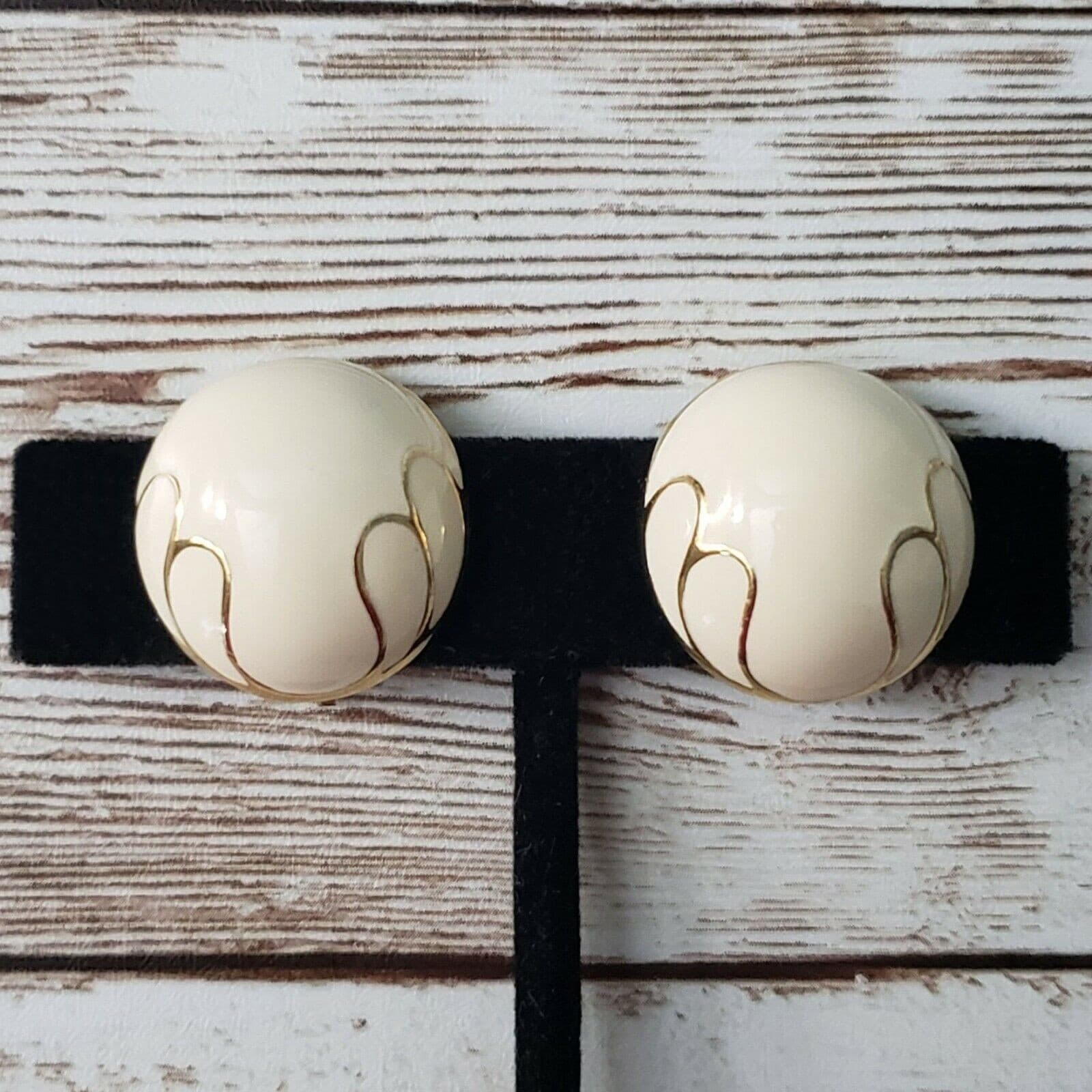 Vintage Clip On Earrings - Statement Earrings Cream with Pretty Gold Design