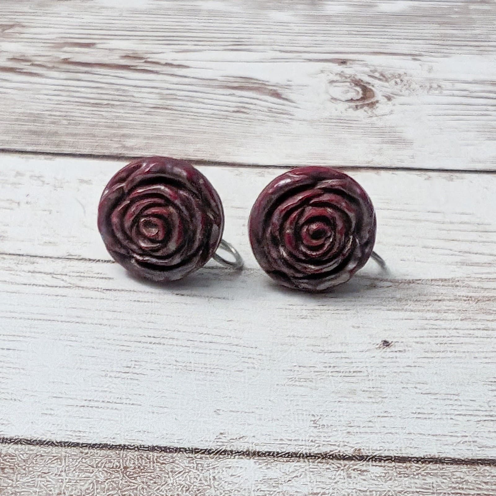 Vintage Screw Back Earrings Rose Dark Red with Silver Tone Detailing