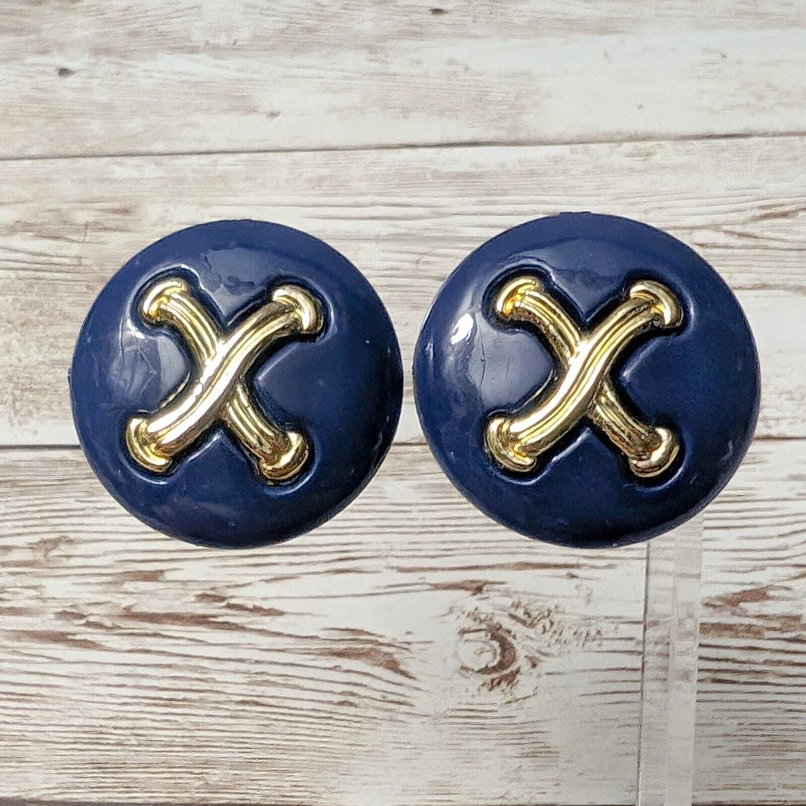 Vintage Clip On Earrings - 1 & 3/8" Blue with Gold Tone Fancy X Statement