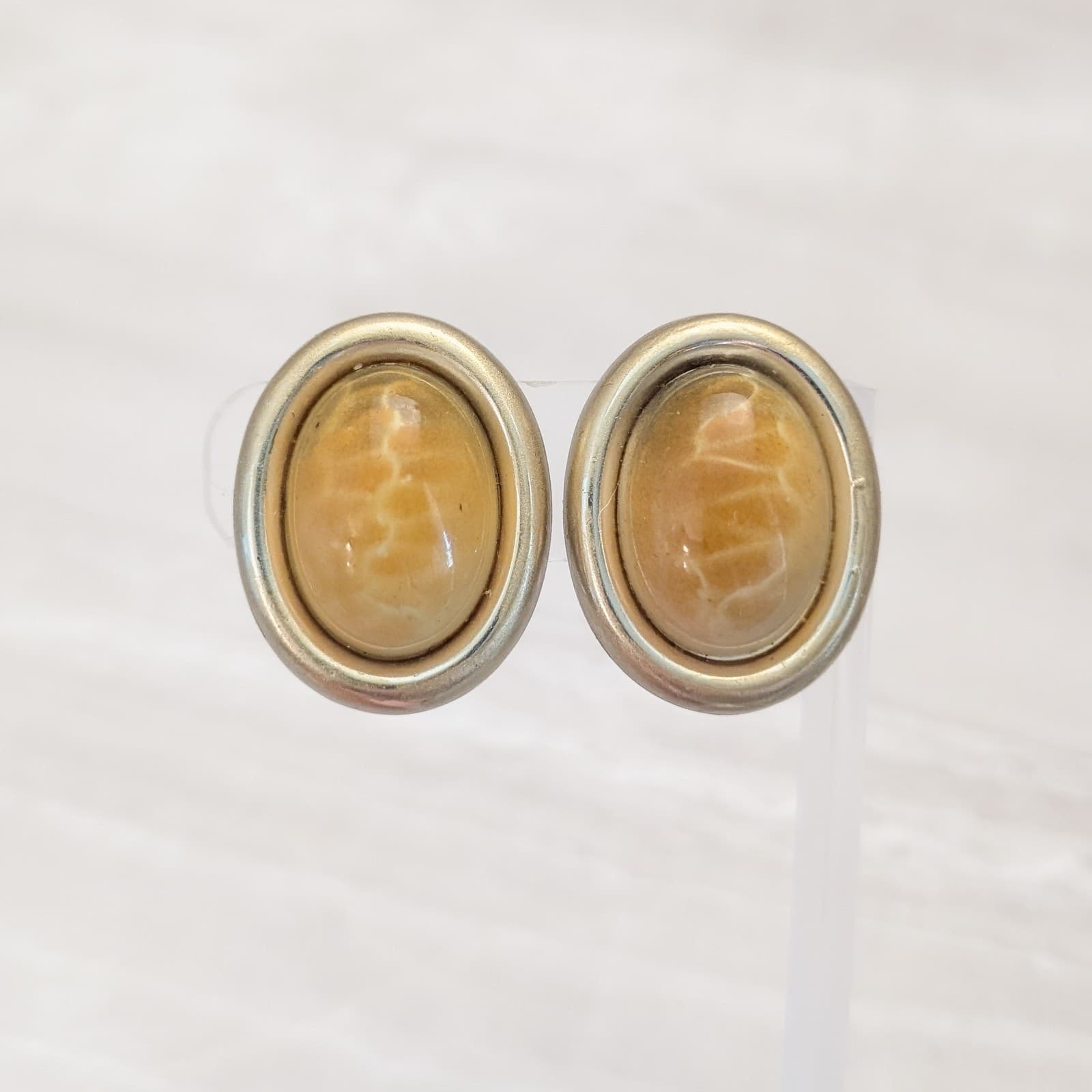 Vintage Clip On Earrings Large Dusky Yellow Tones with Gold Tone Oval Statement