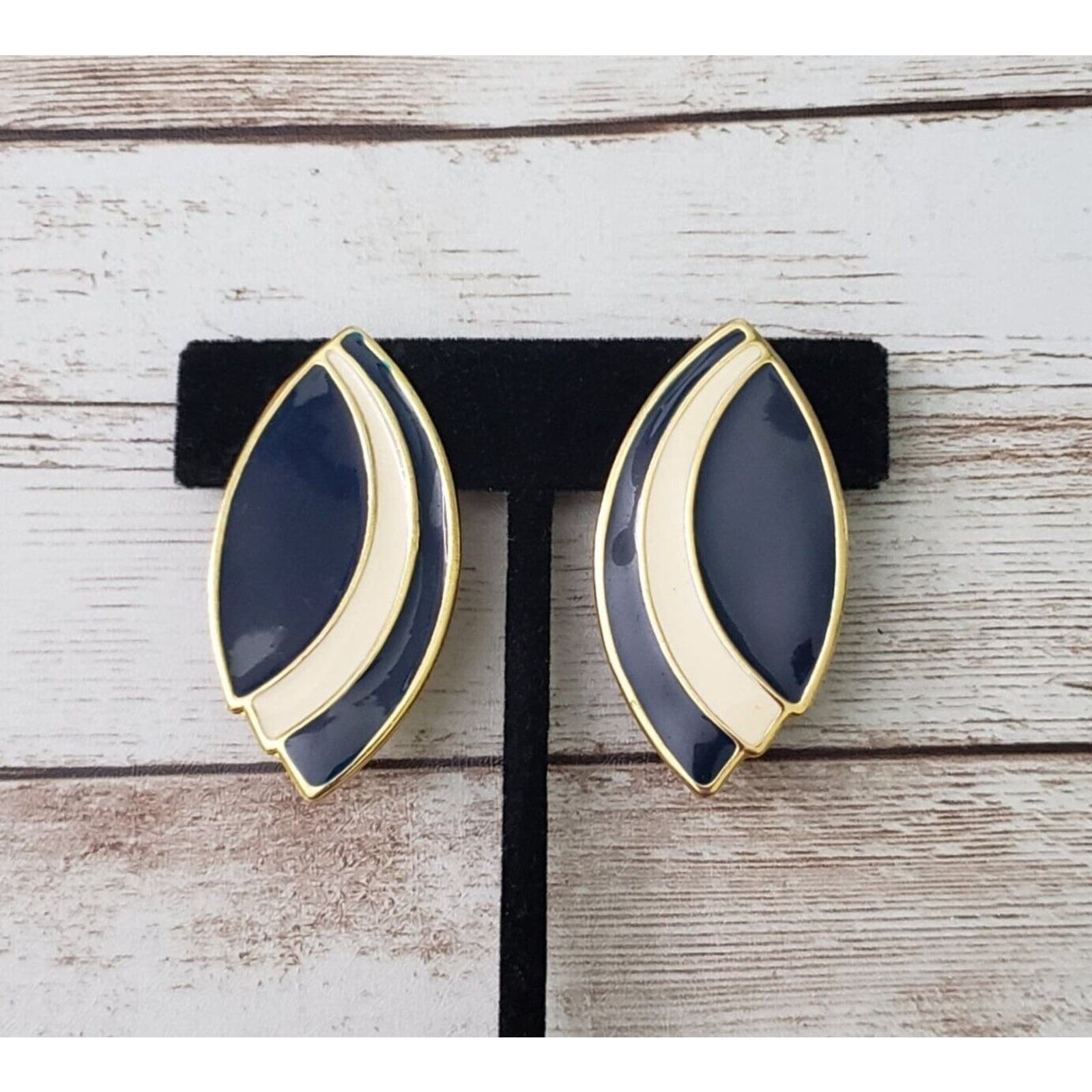 Vintage Clip On Earrings - Navy Blue, Gold Tone, Cream - Statement Earrings