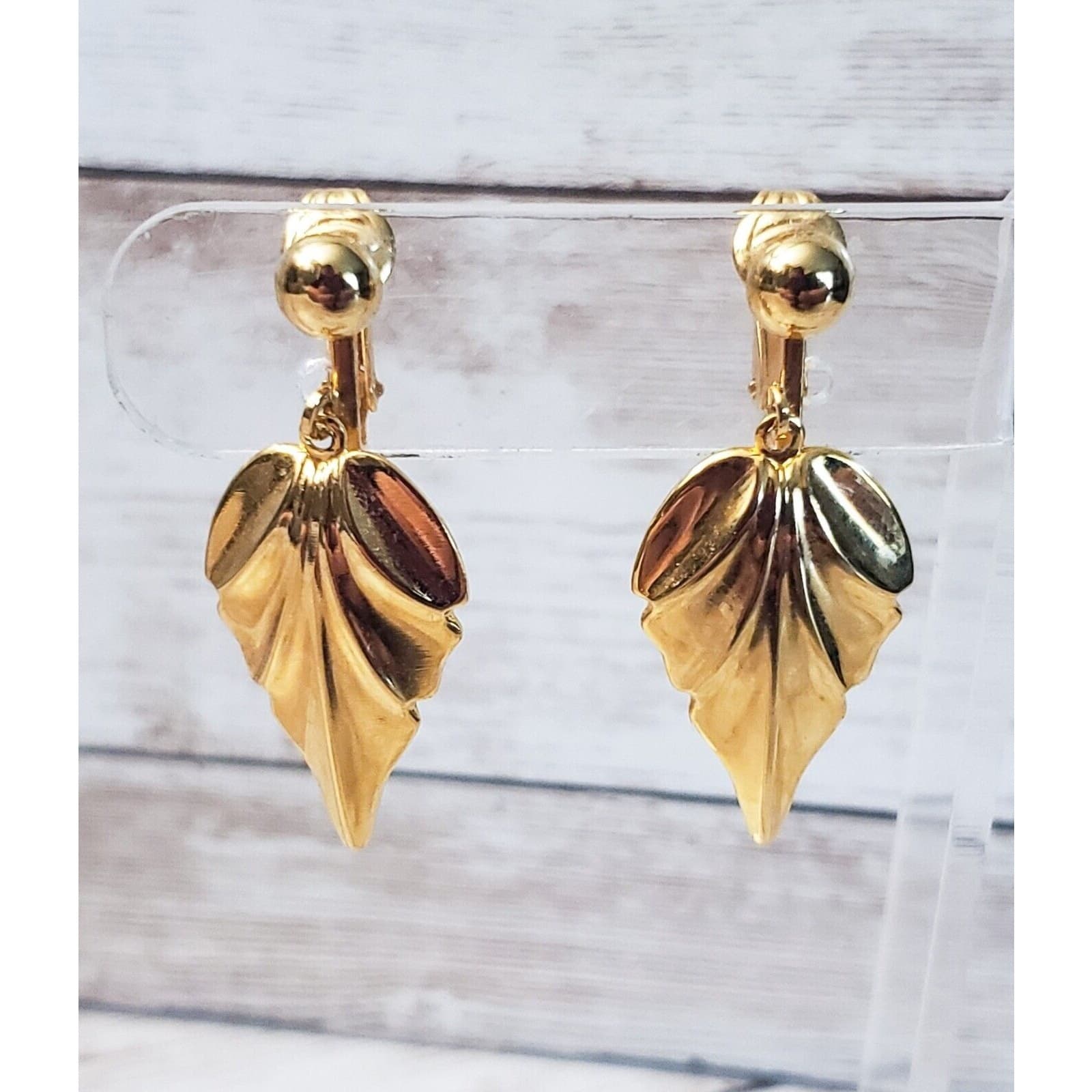 Vintage Clip On Earrings - Gold Tone Leaf Dangle 1.5" Large Statement