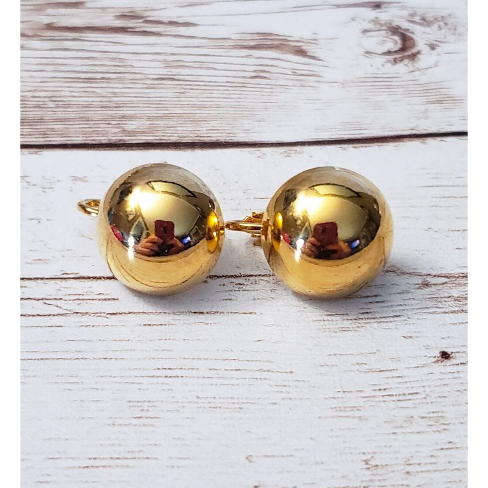 Vintage Clip On Earrings Mirrored Gold Tone Domed Circle - Just Under 5/8"