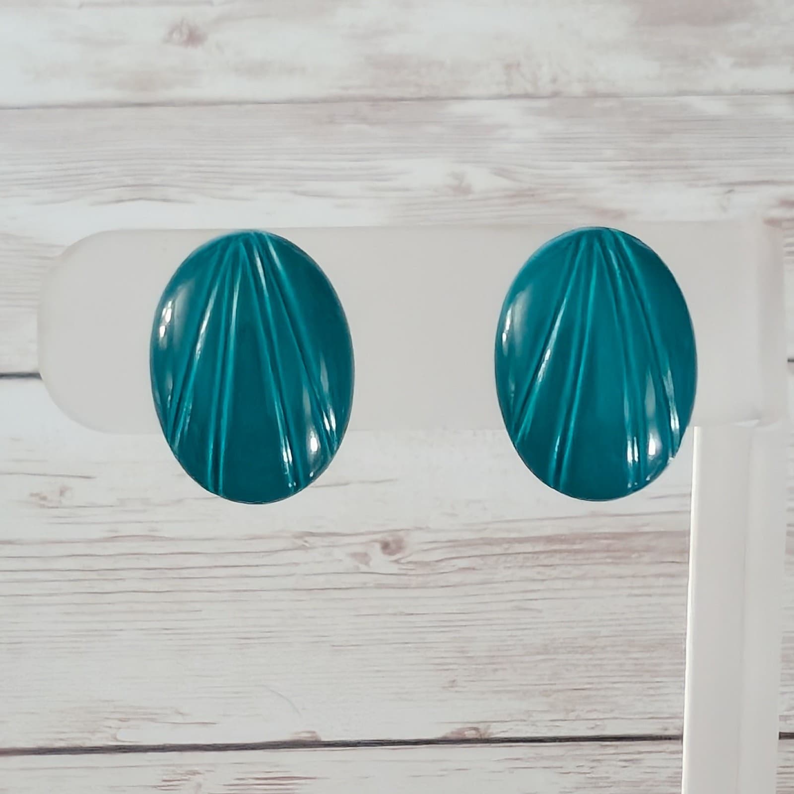 Vintage Clip On Earrings Dark Aqua Blue Oval with Line Pattern