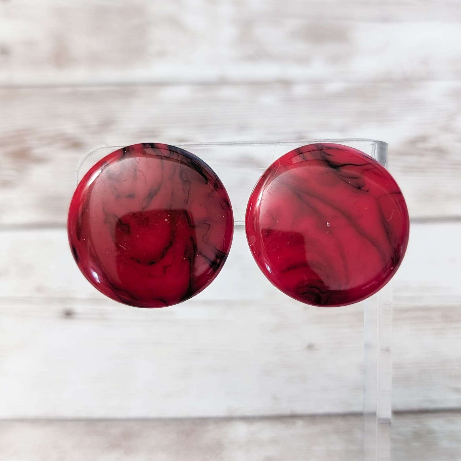 Vintage Clip On Earrings - 1 & 1/8" Circle Red & Black