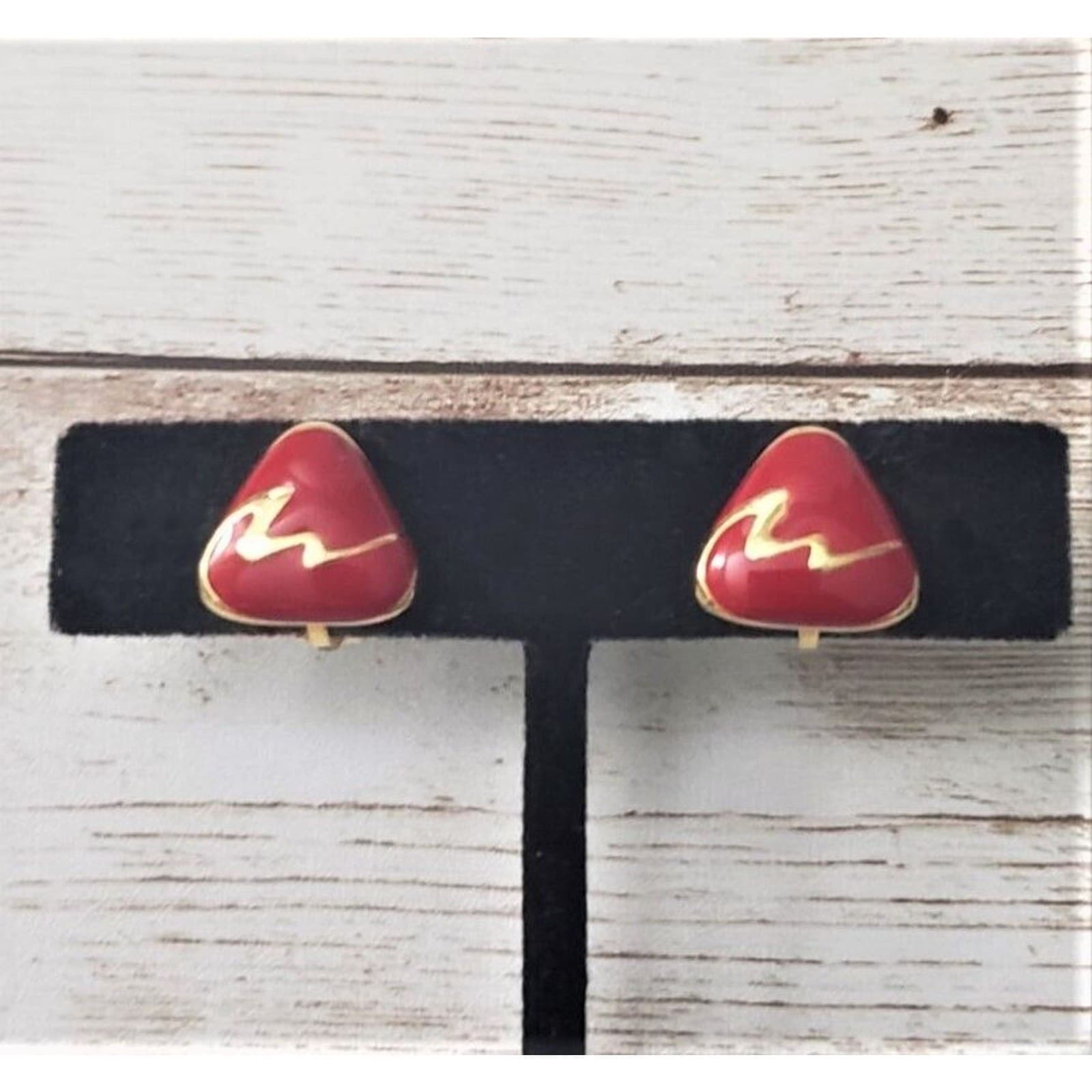 Vintage Clip On Earrings Elegant Red Rounded Triangle with Gold Tone Detail