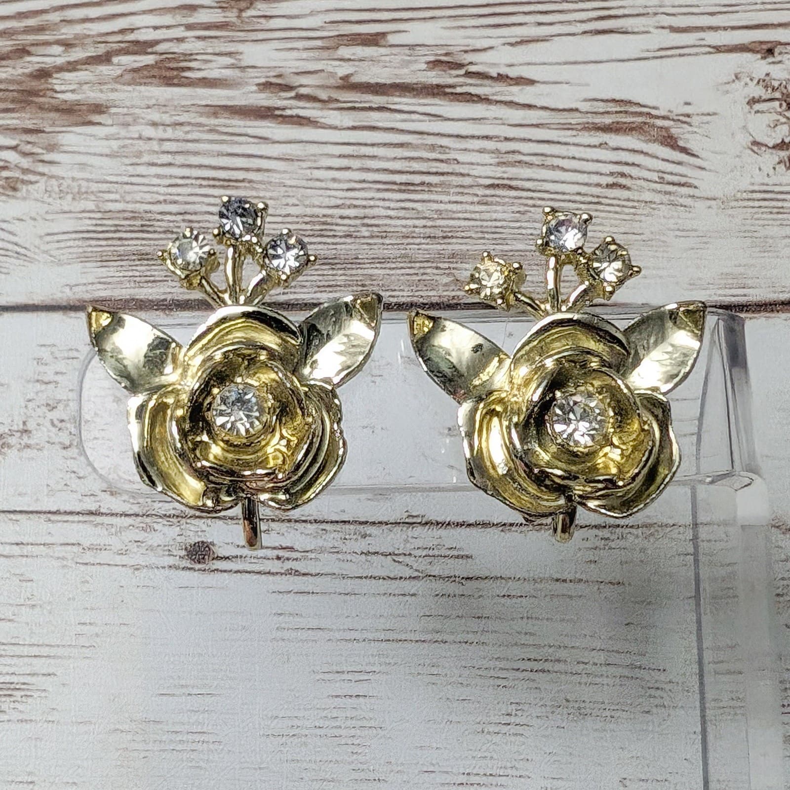 Vintage Screw Back Earrings Statement Gold Tone & Clear Gems 1"