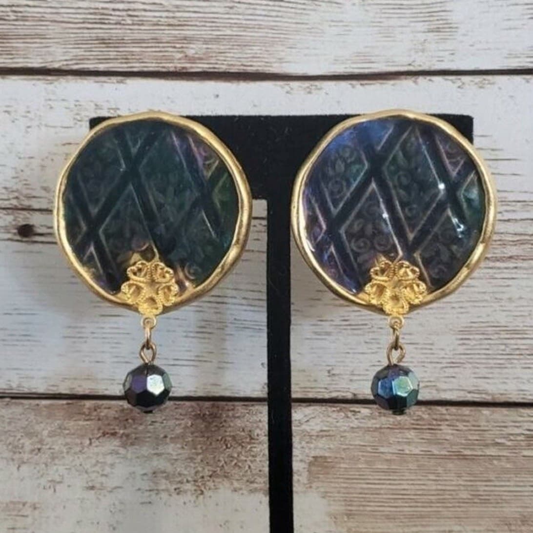 Vintage Clip On Earrings - Patterned Circle with Dangle Large Statement