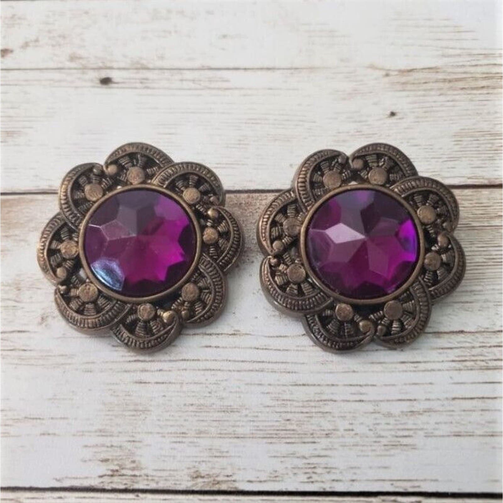 Vintage Clip On Earrings Large Statement 1 & 5/8" Bronze with Purple Center