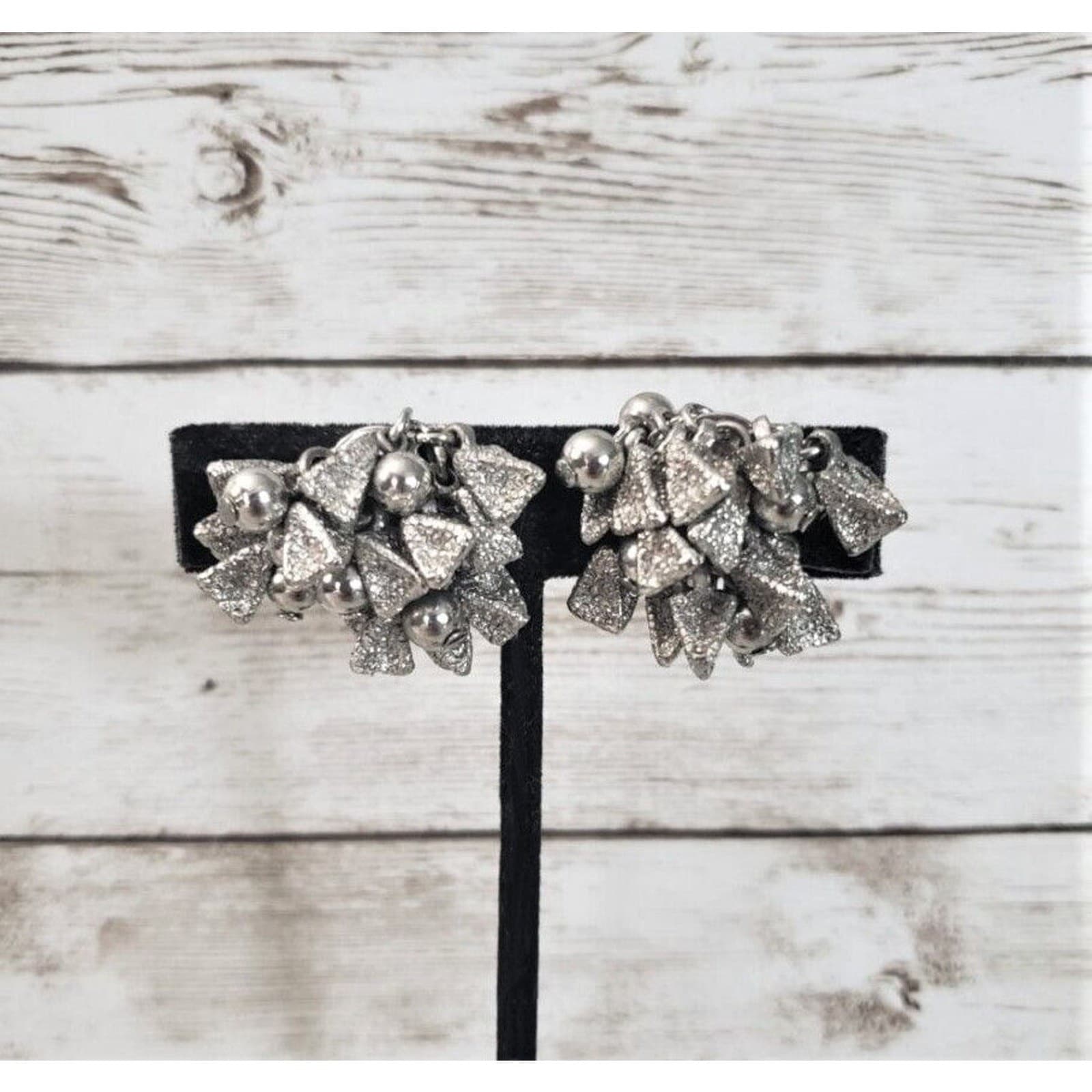 Vintage Clip On Earrings - Unusual Statement Silver Tone Cluster Dangle