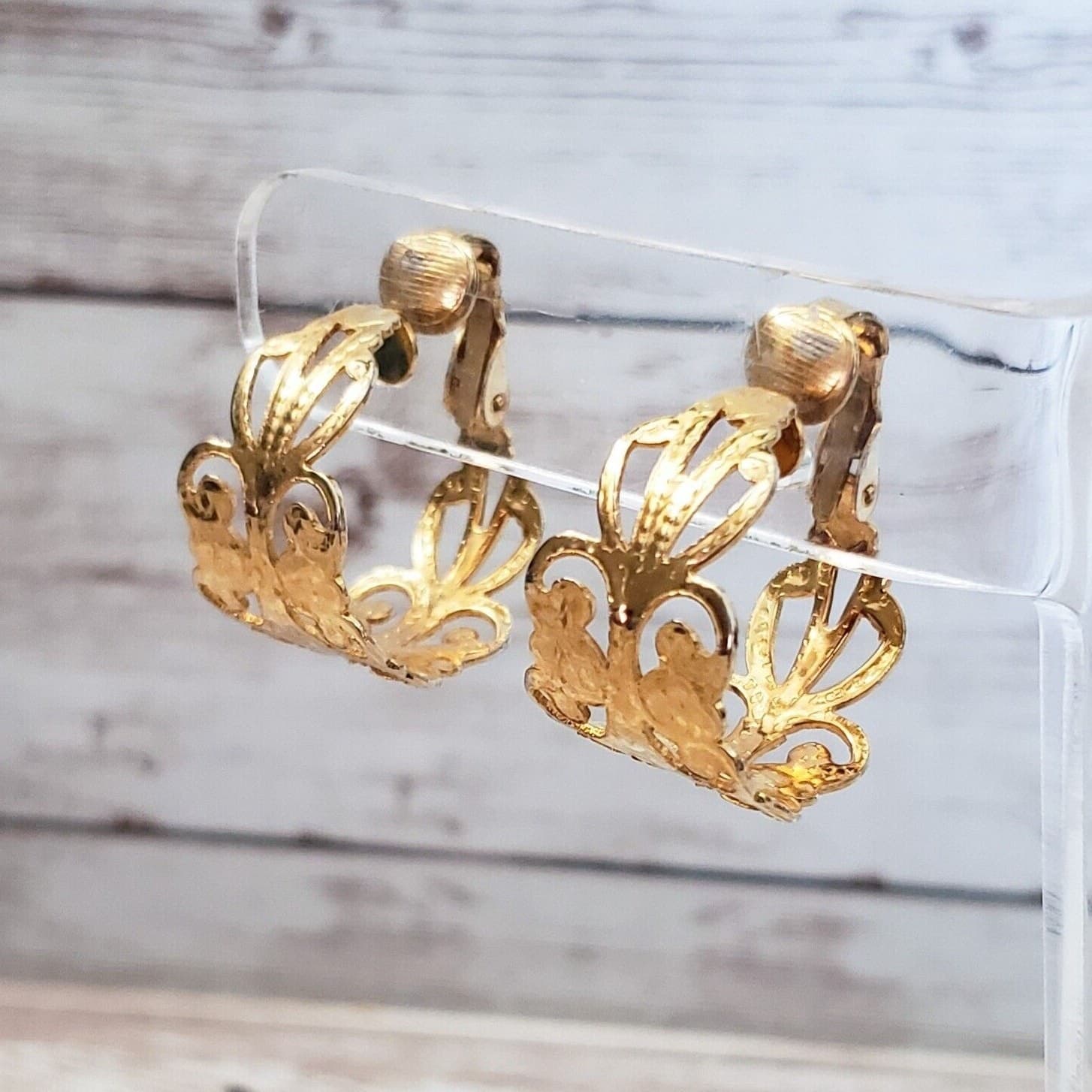 Vintage Clip On Earrings - Ornate Chunky Gold Tone Cut Out Hoops