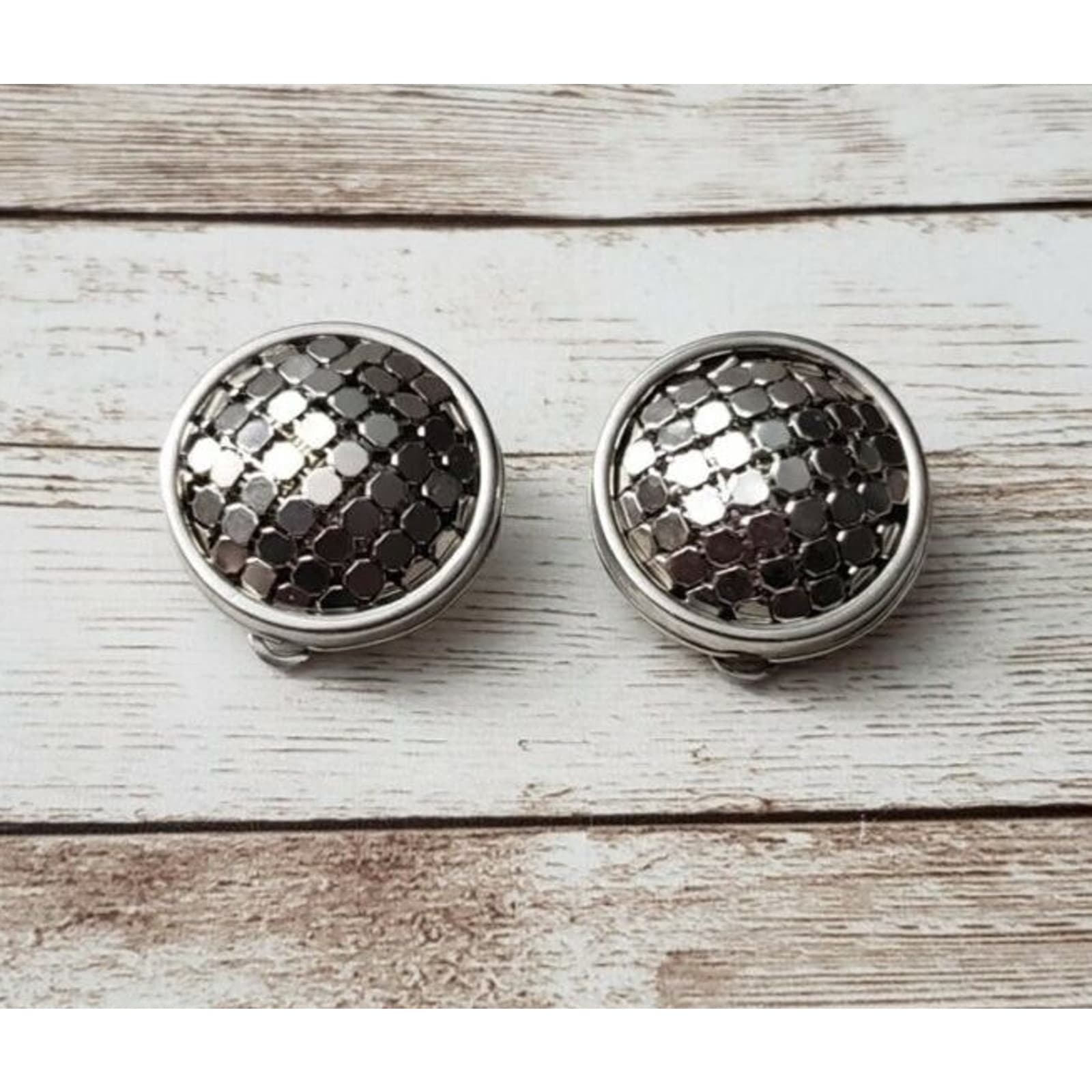 Vintage Clip On Earrings Chainmail Style Circle Silver Tone