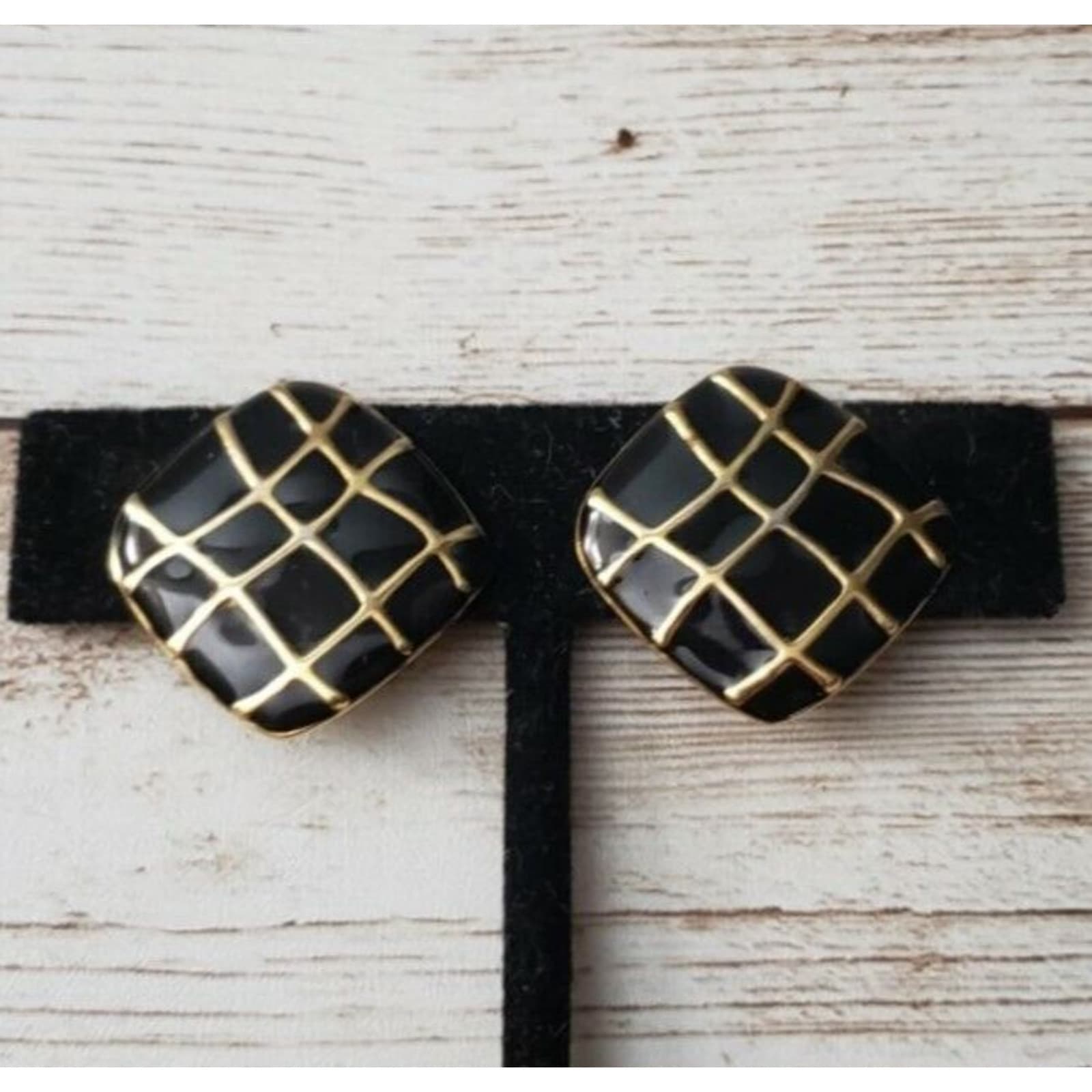 Vintage Clip On Earrings Large Black with Gold Tone Lattice Pattern Statement