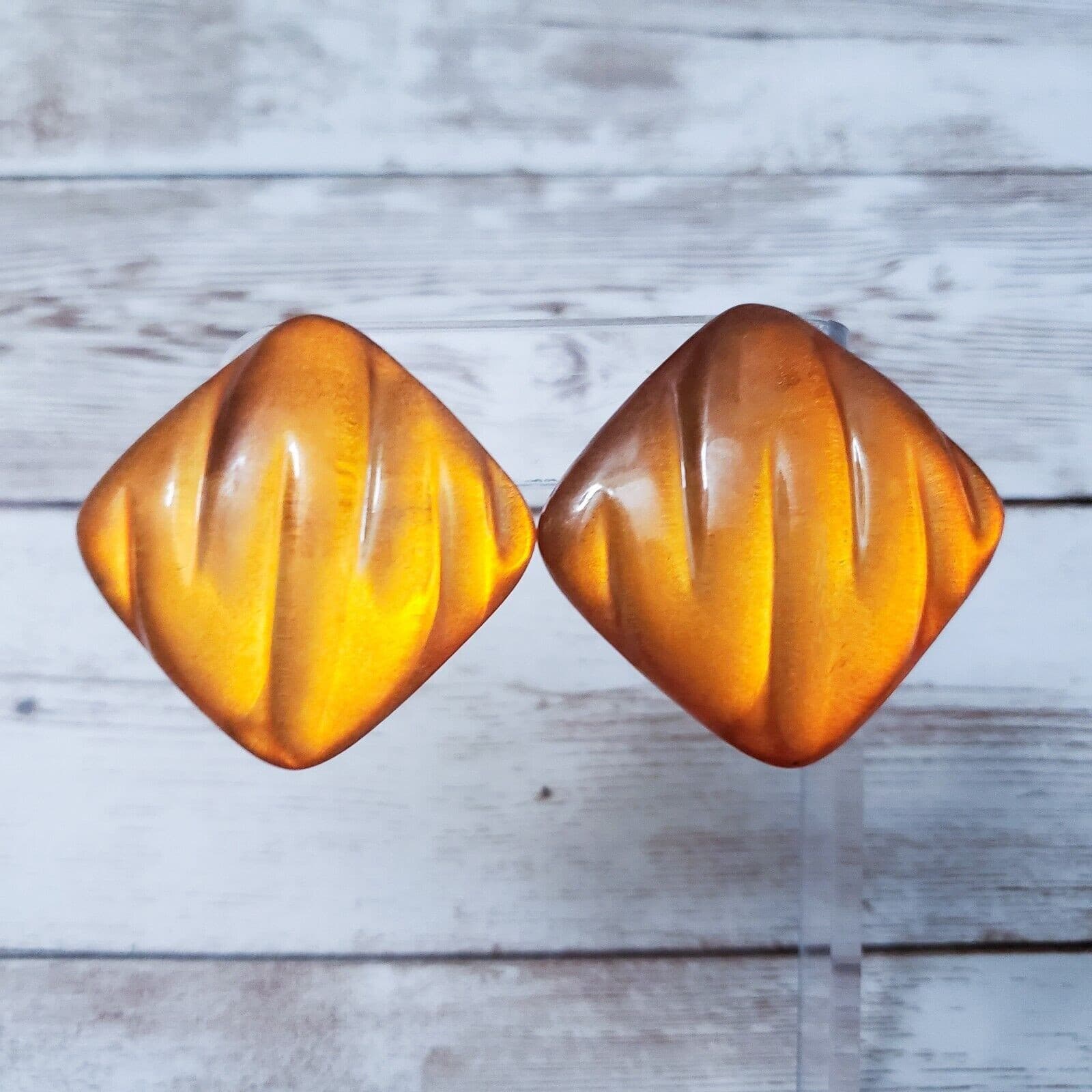 Vintage Clip On Earrings - Orangey Amber Tone Large Statement Earrings
