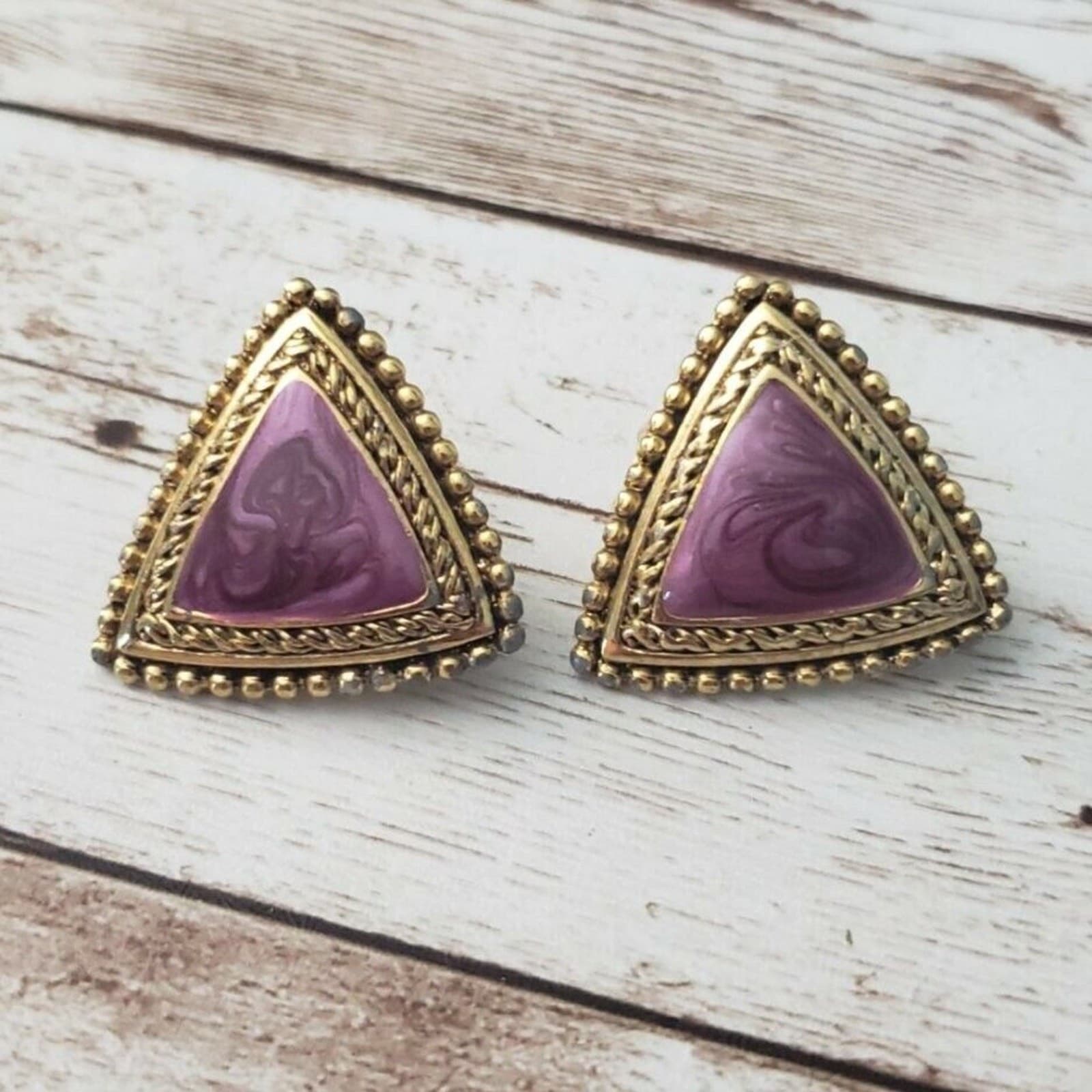 Vintage Clip On Earrings - Ornate Gold Tone & Purple Triangle Statement Large