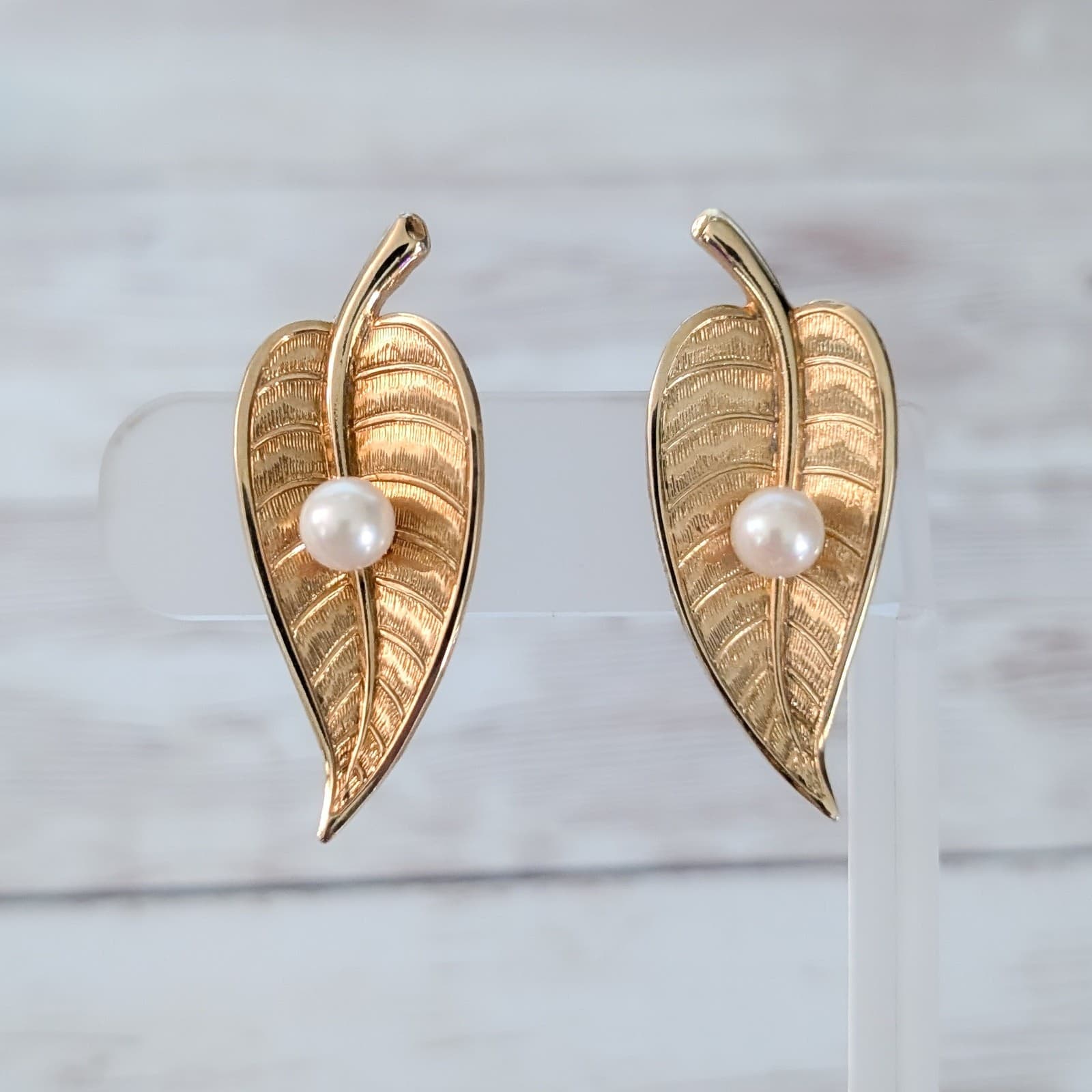 Vintage Clip On Earrings Large Gold Tone Leaf with Faux Pearl Pretty