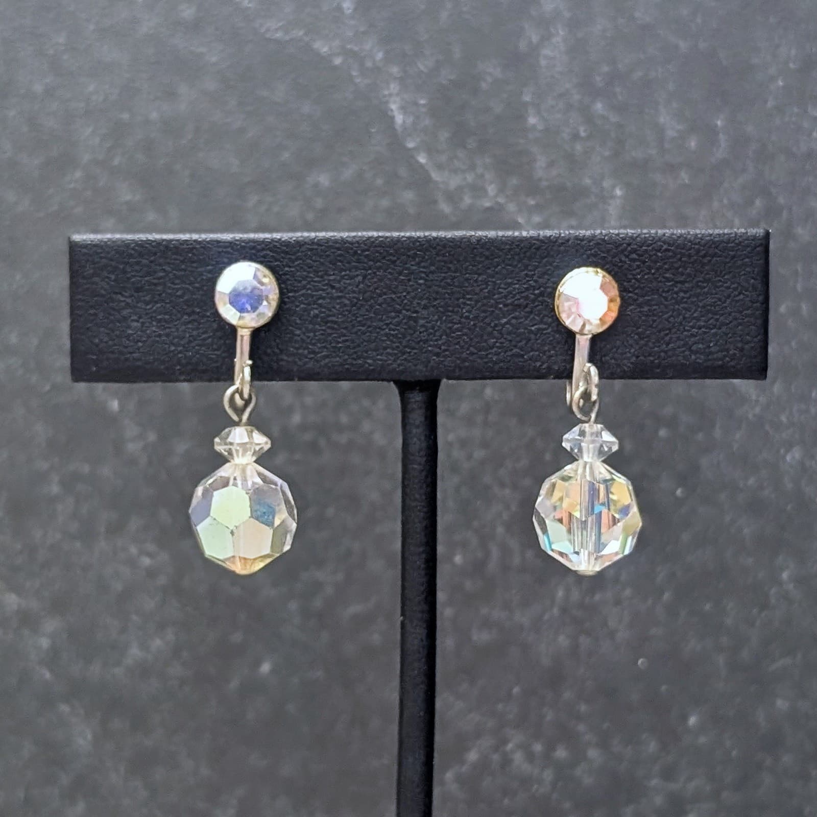 Vintage Screw On Earrings AB Aurora Borealis Drop Dangle Stylish Glam