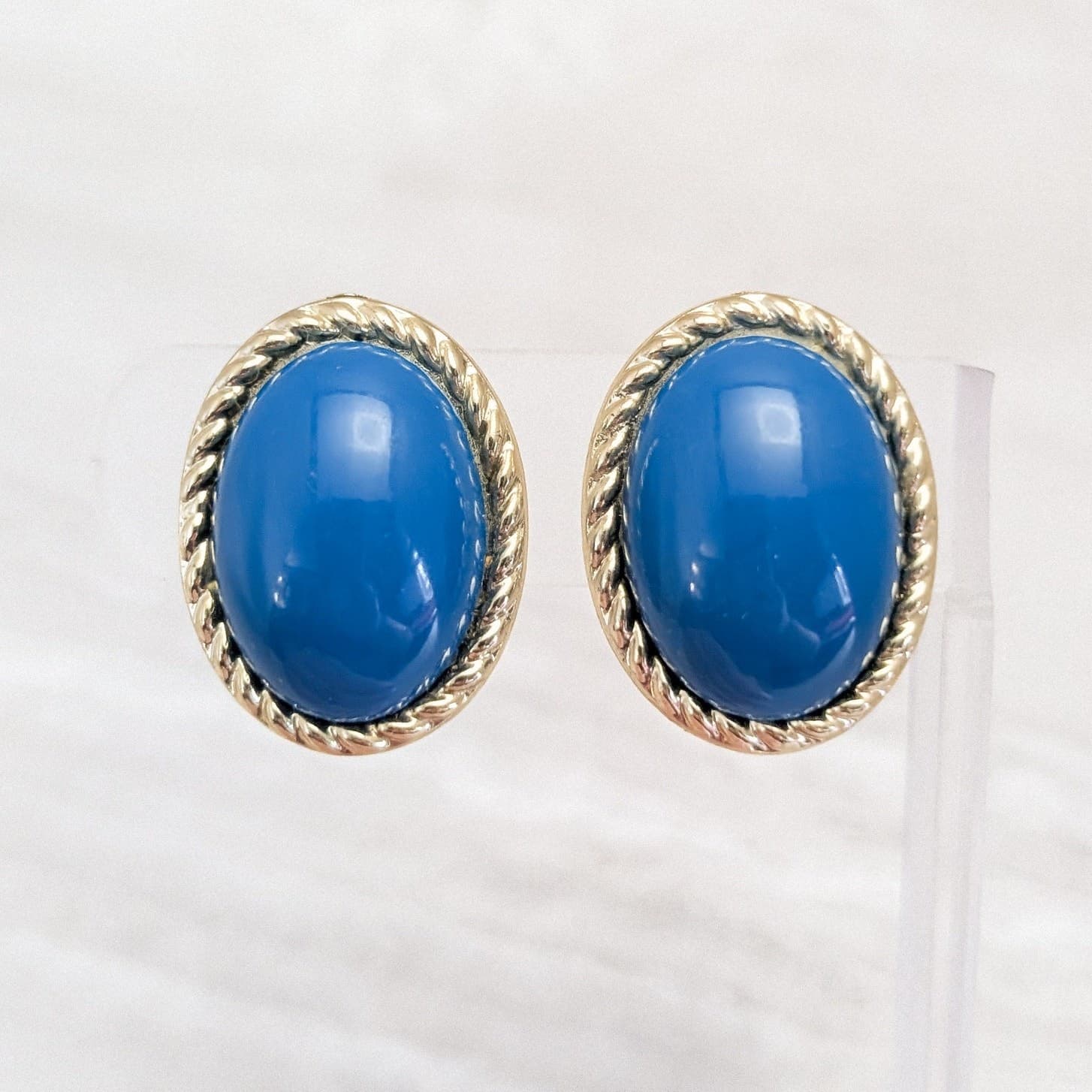 Vintage Clip On Earrings Blue Domed Oval with Woven Gold Tone Halo Large