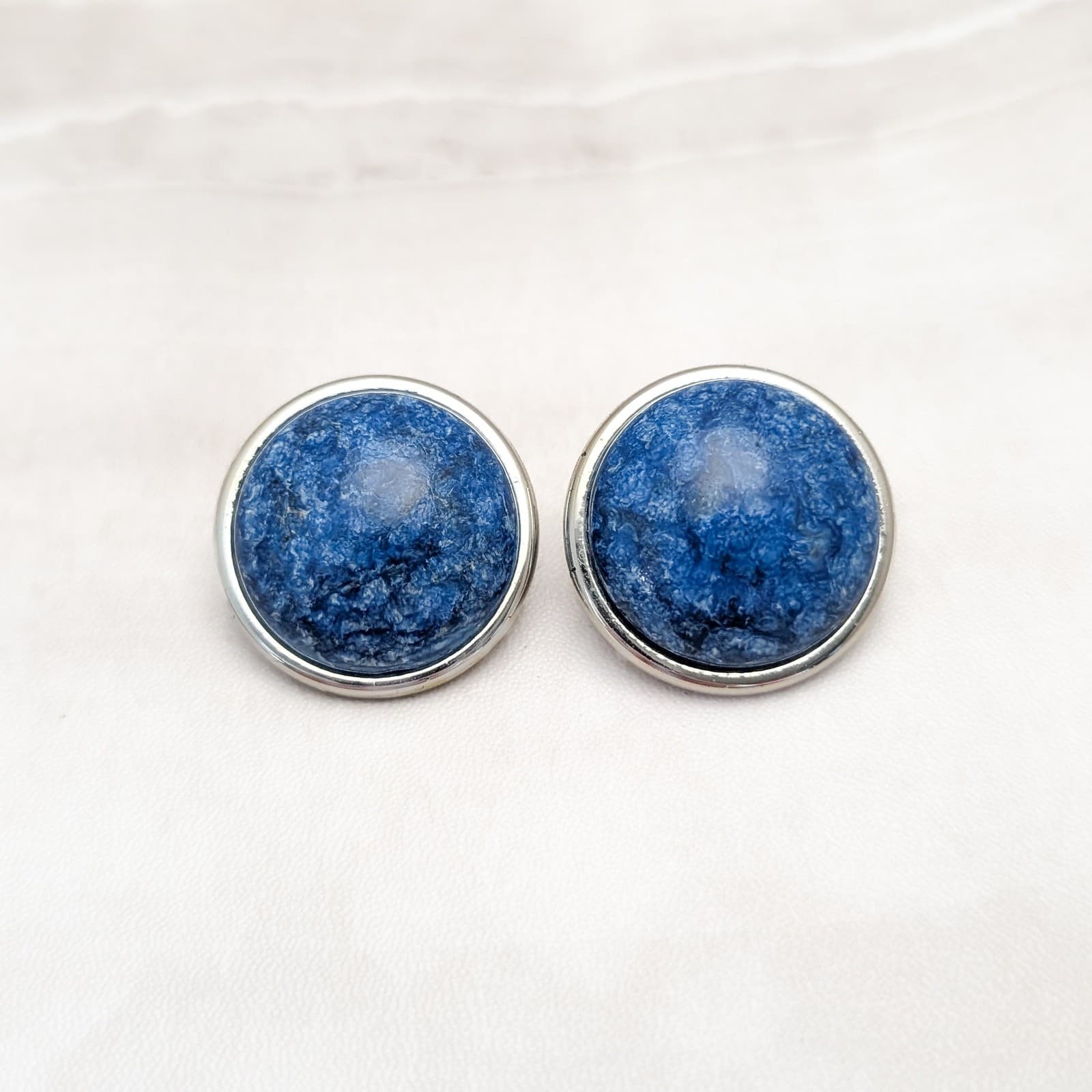 Vintage Clip On Earrings Blue Stone Like Design with Silver Tone Halo Large