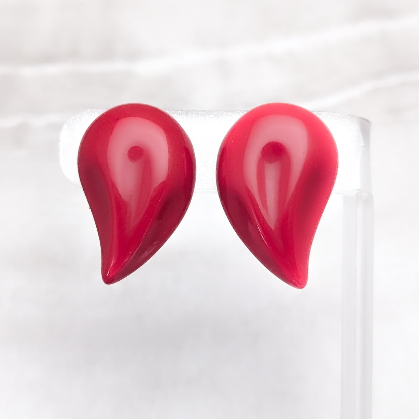 Vintage Clip On Earrings 1 & 3/8" Stylish Glossy Red Retro Curved Statement