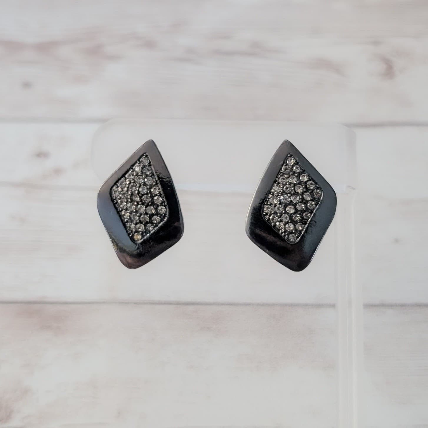 Vintage Stud Earrings Dark Grey with Gems Retro Statement