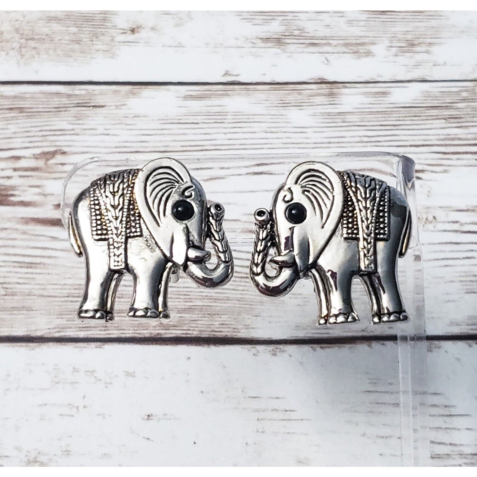 Vintage Clip On Earrings Large Silver Tone Elephants Statement 1 & 1/8"
