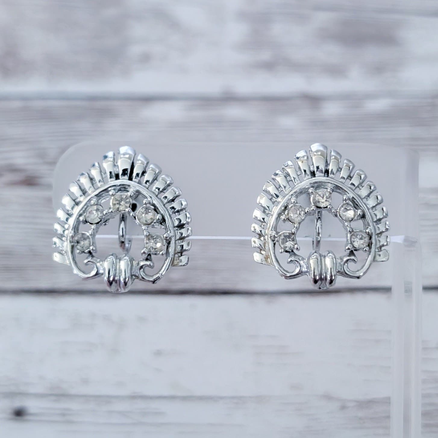 Vintage Screw On Earrings Statement Silver Tone & Clear Gem